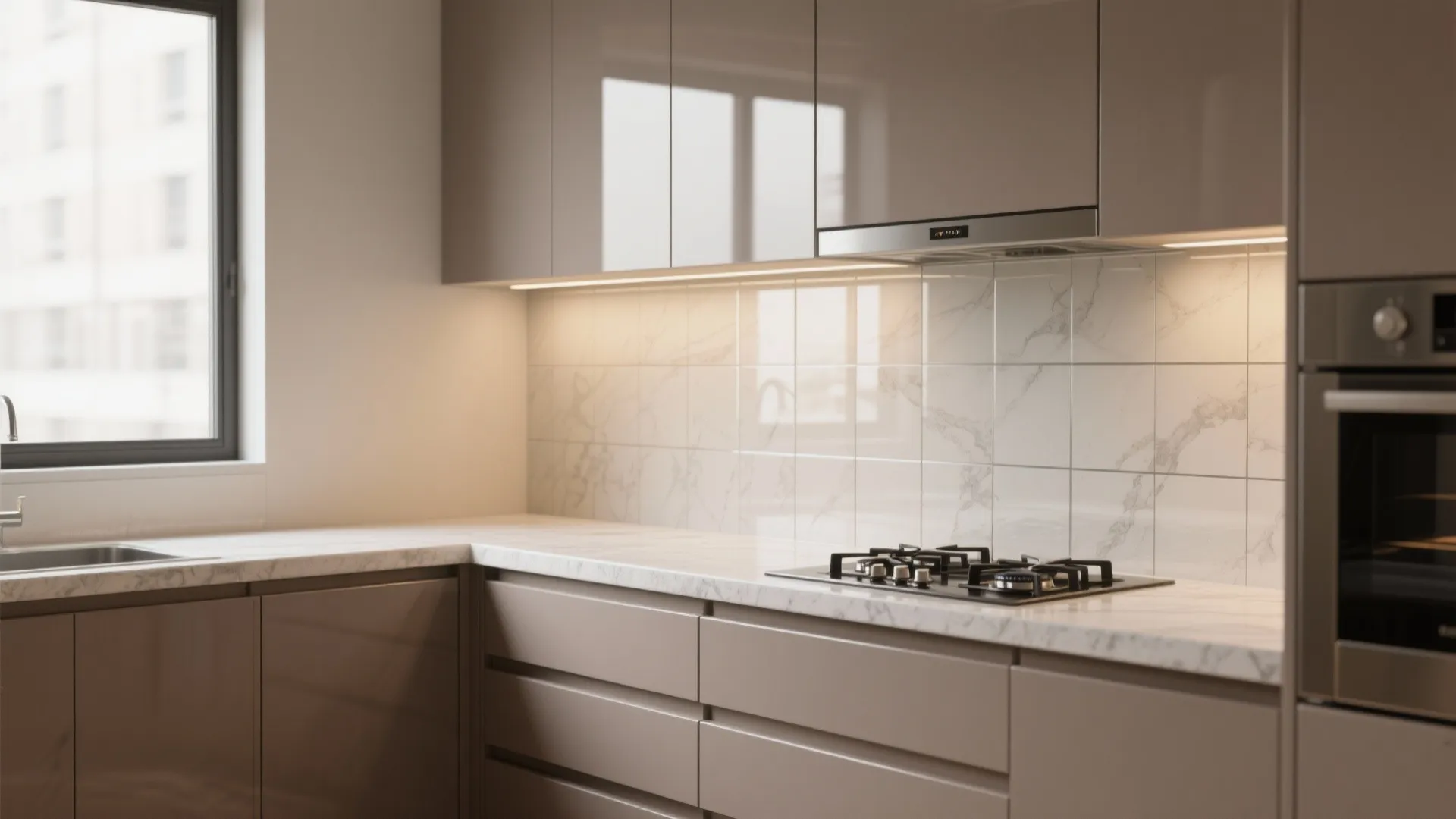 Glass backsplash for airy depth and light play