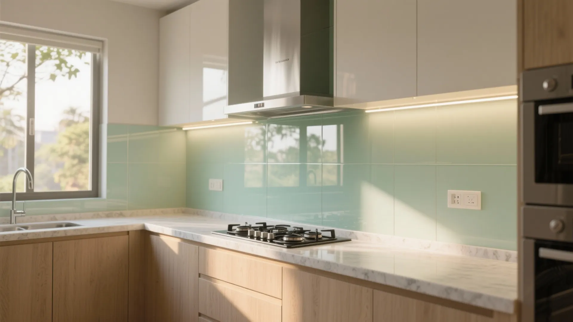 Glass backsplash for airy brightness
