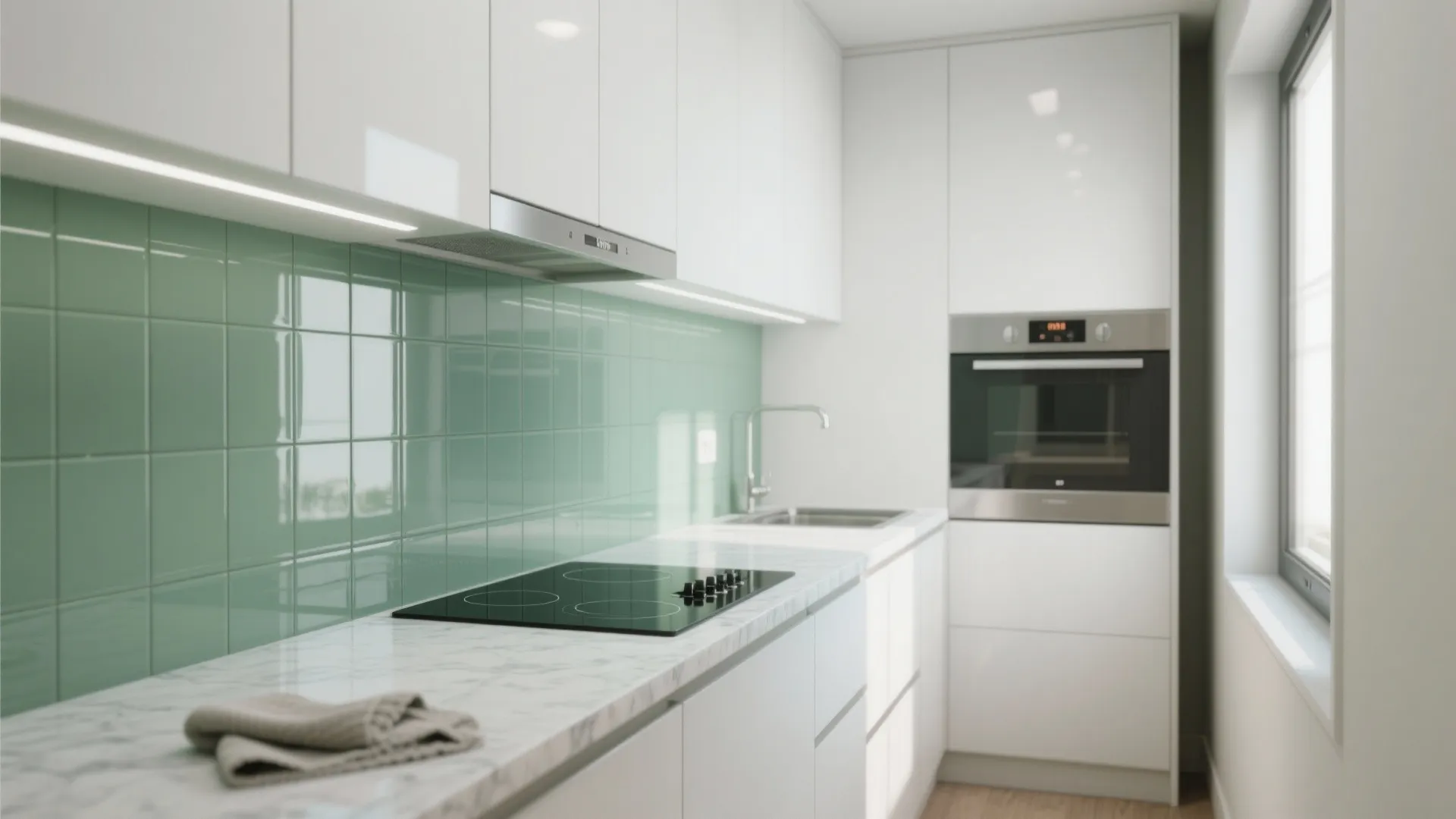 Glass backsplashes for airy depth in compact kitchens