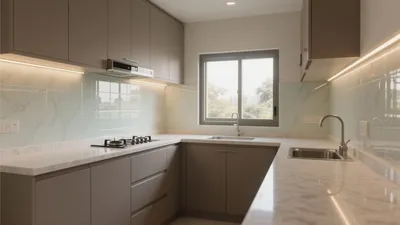 Modern L-Shaped Kitchen with Marble Countertops & Smart Lighting