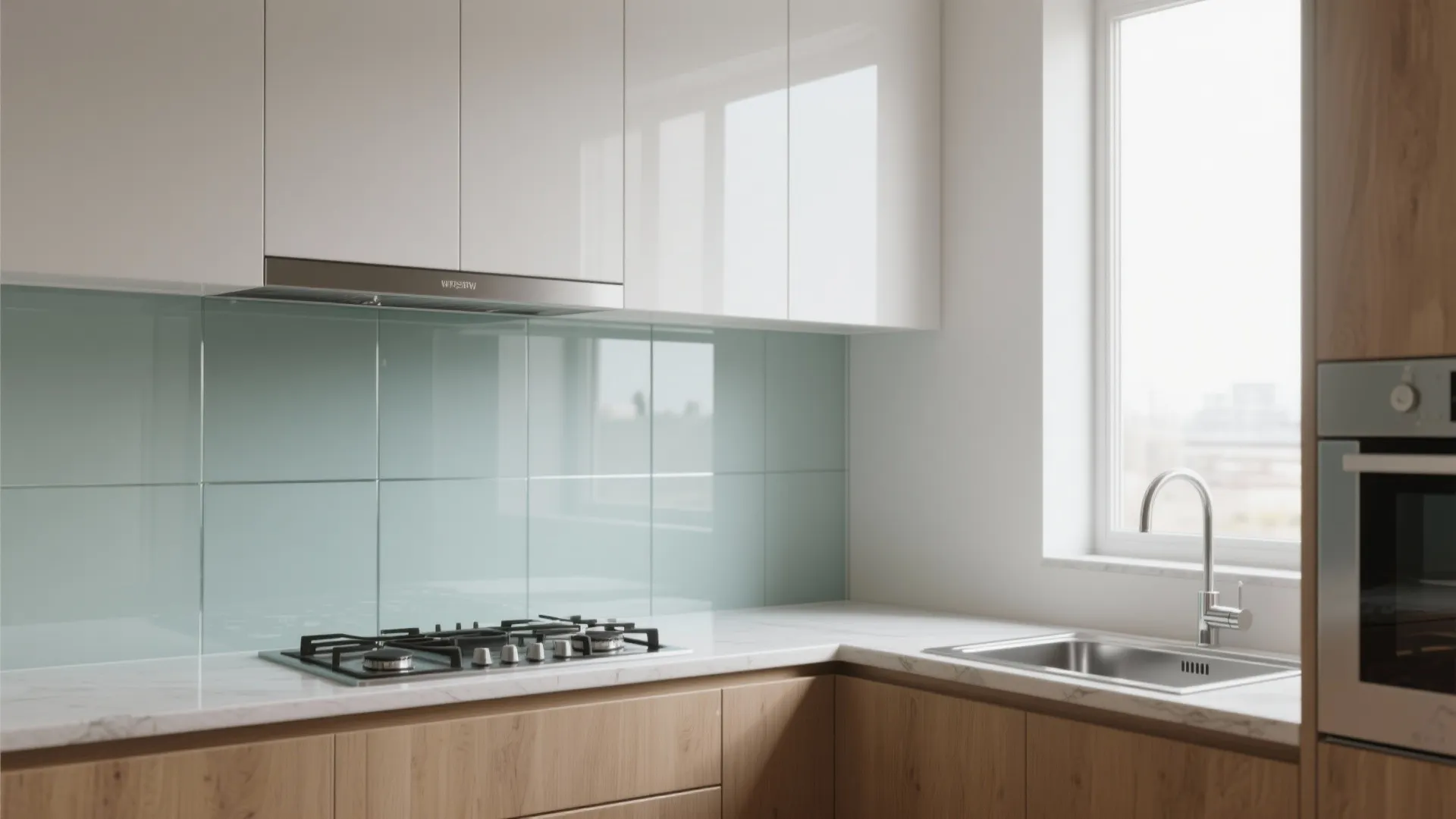 Glass backsplash for a brighter feel