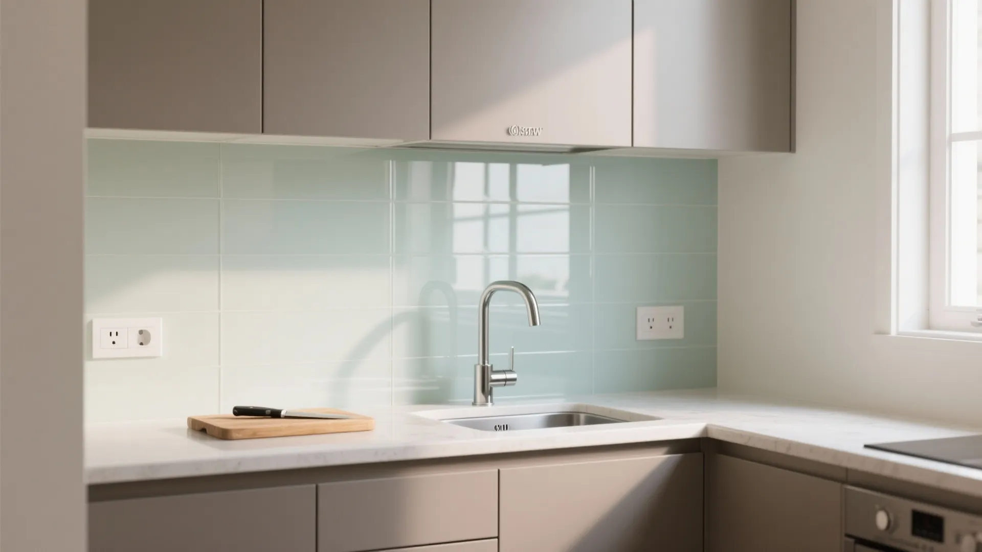 Glass backsplash for airy light bounce