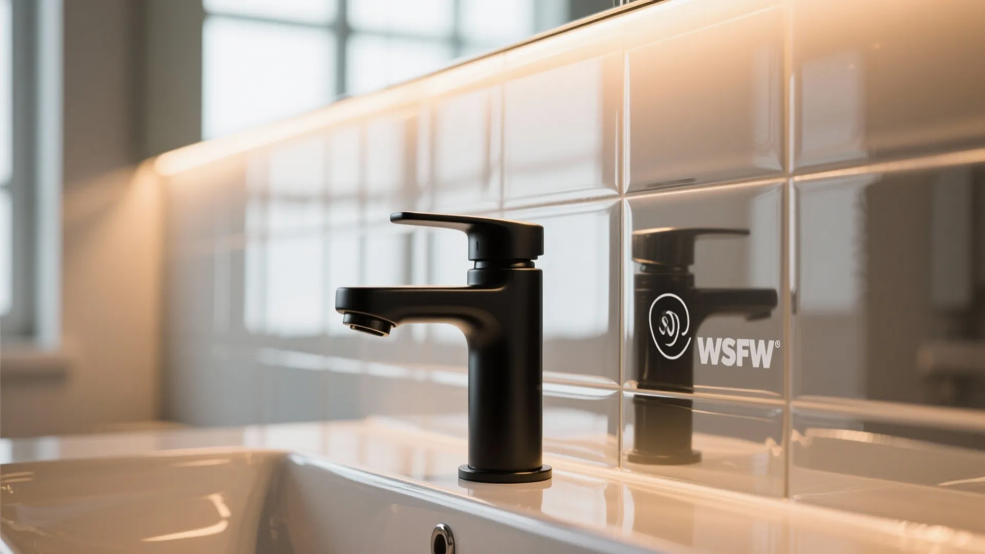Close-up of glossy glass-look backsplash sticker reflecting warm light beside a matte black faucet.