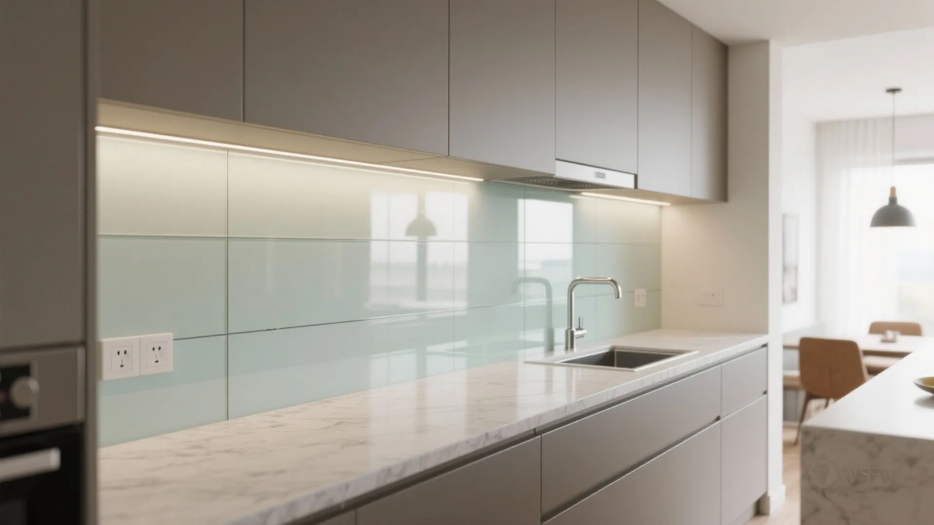 Glass backsplash for a brighter, seamless feel