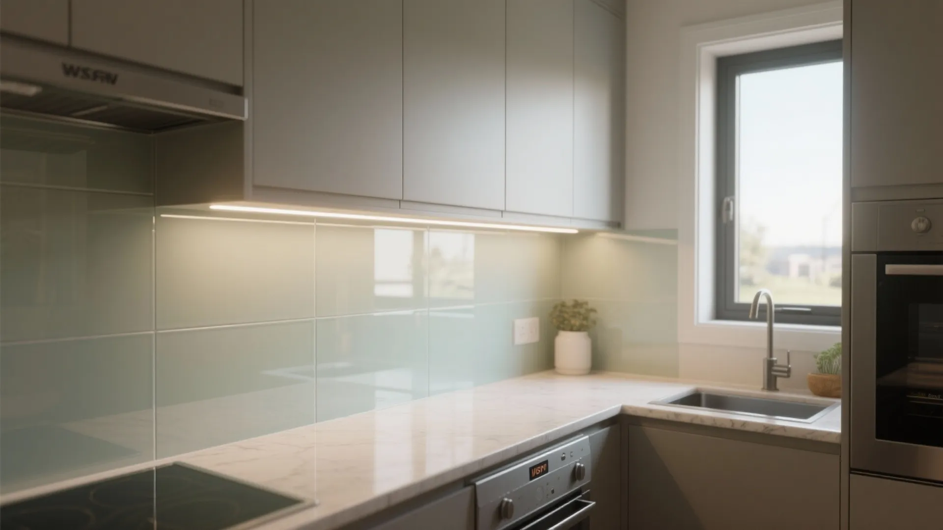 Glass backsplash for airy depth