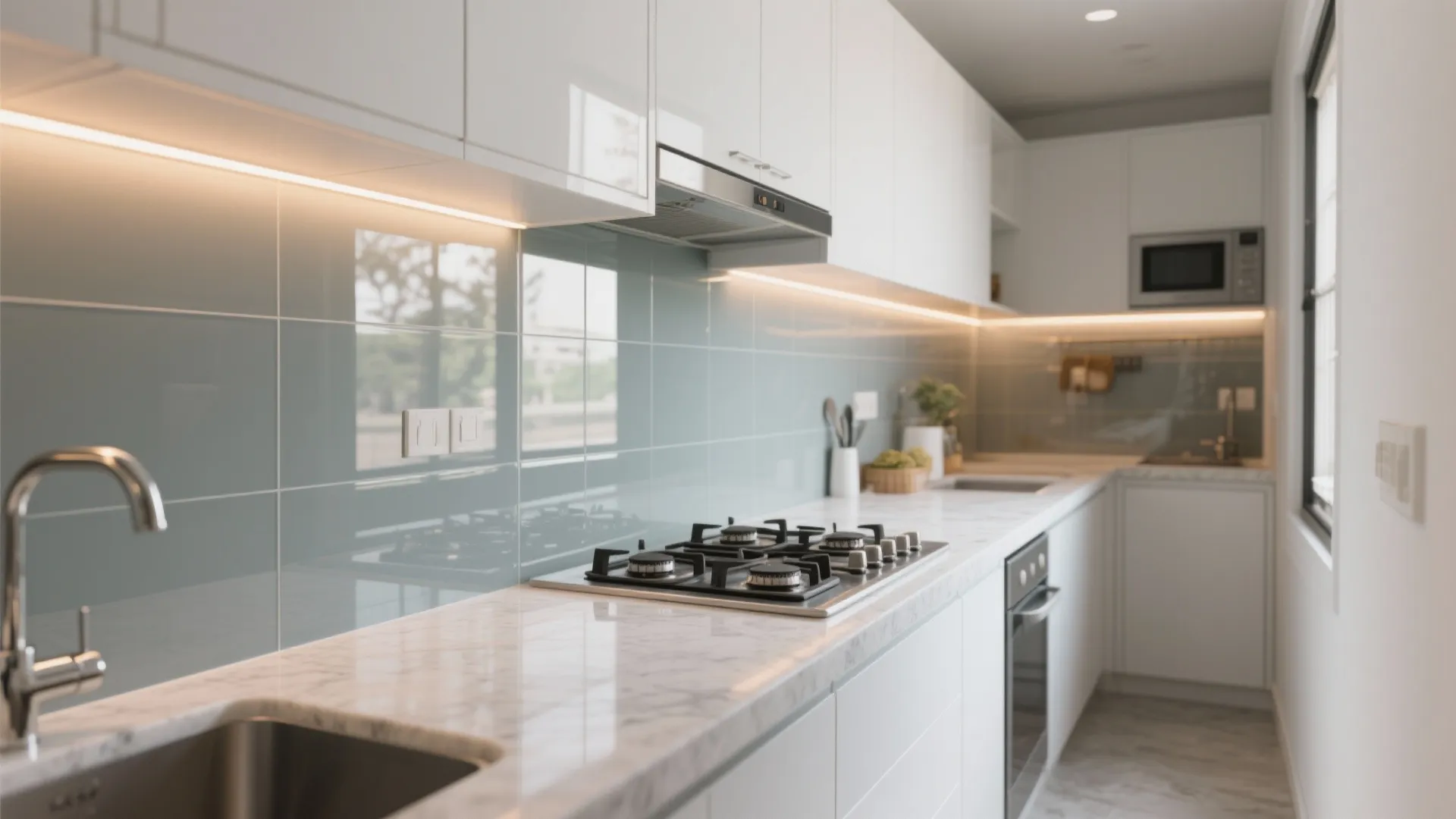 Light-enhancing glass backsplash