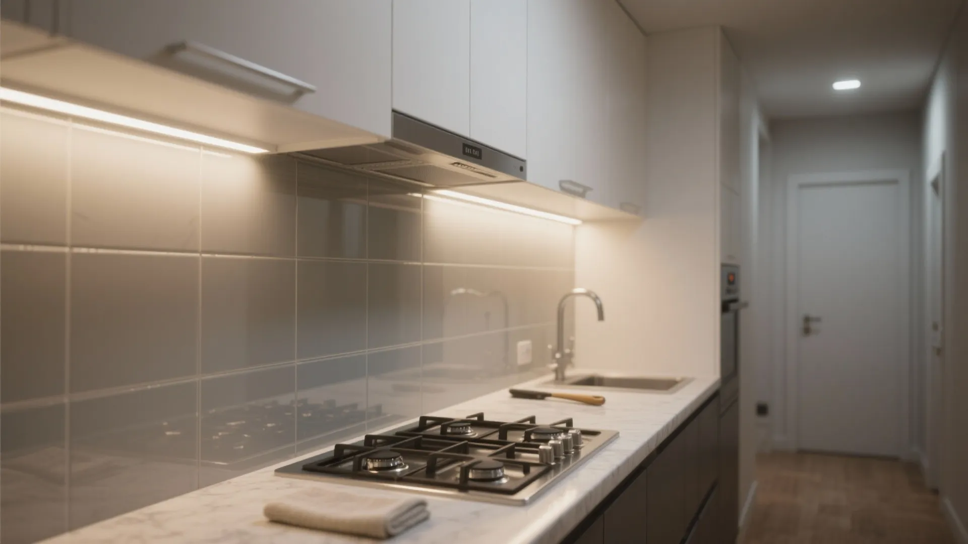 Glass backsplash to boost light and cleanability