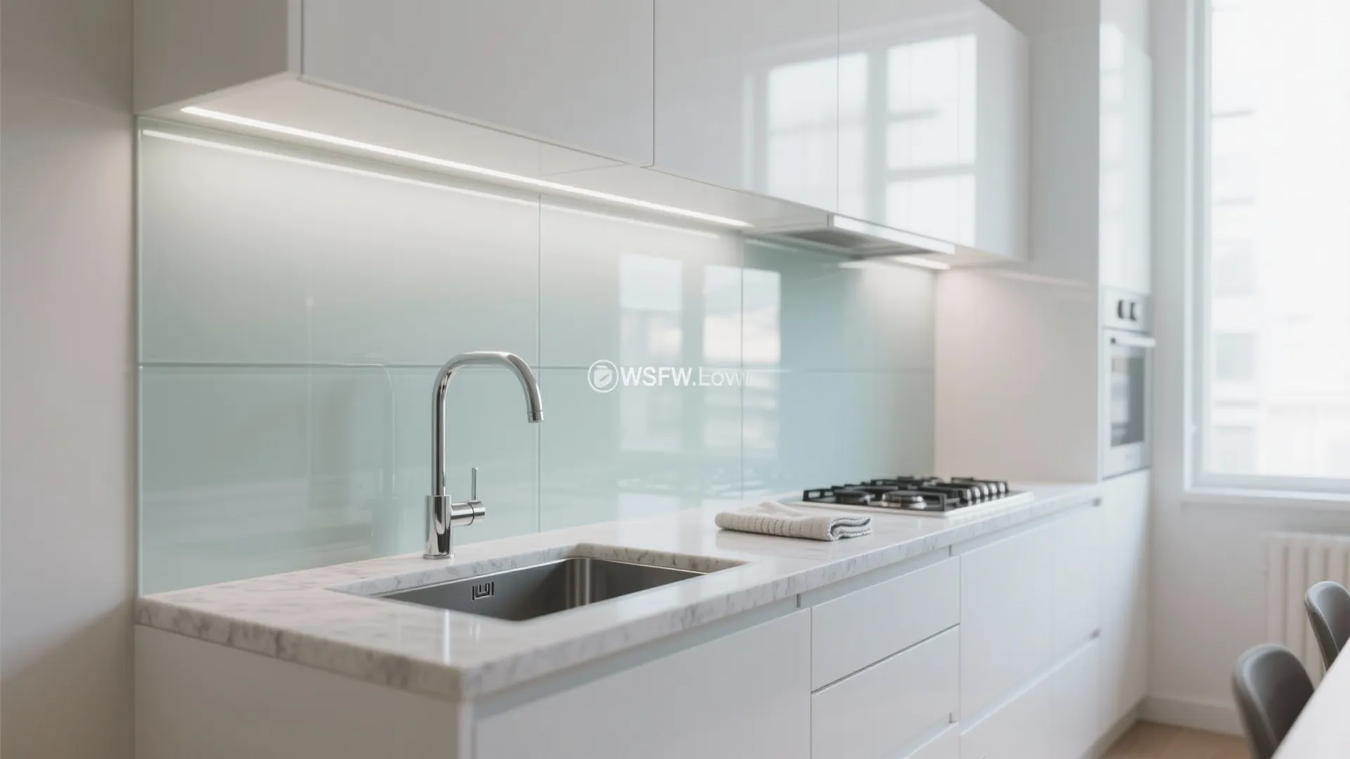 Modern white kitchen with light blue glass backsplash marble countertop silver faucet and built-in stove