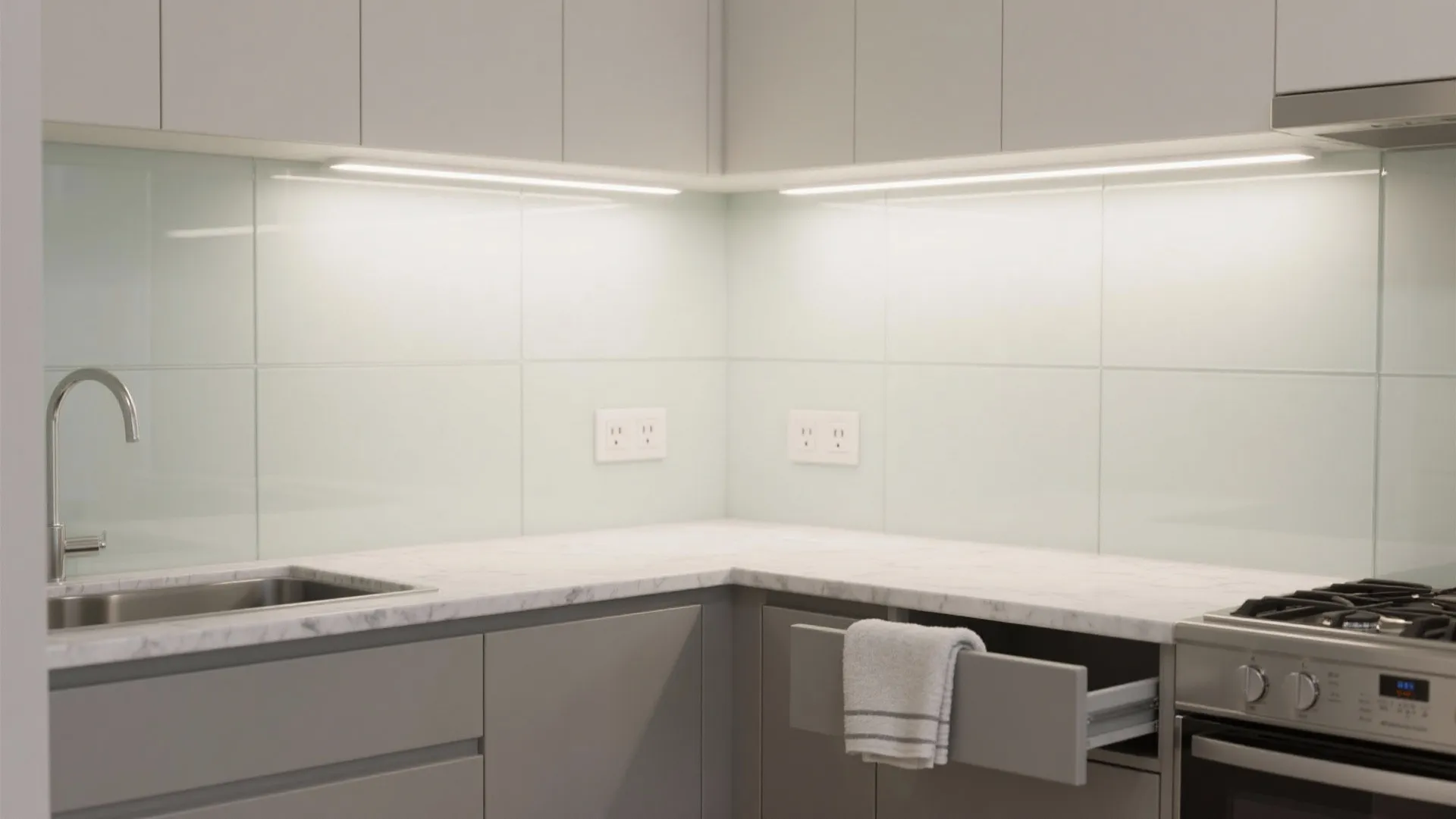 Modern kitchen corner with light green glass wall panels marble countertop grey cabinets and sink