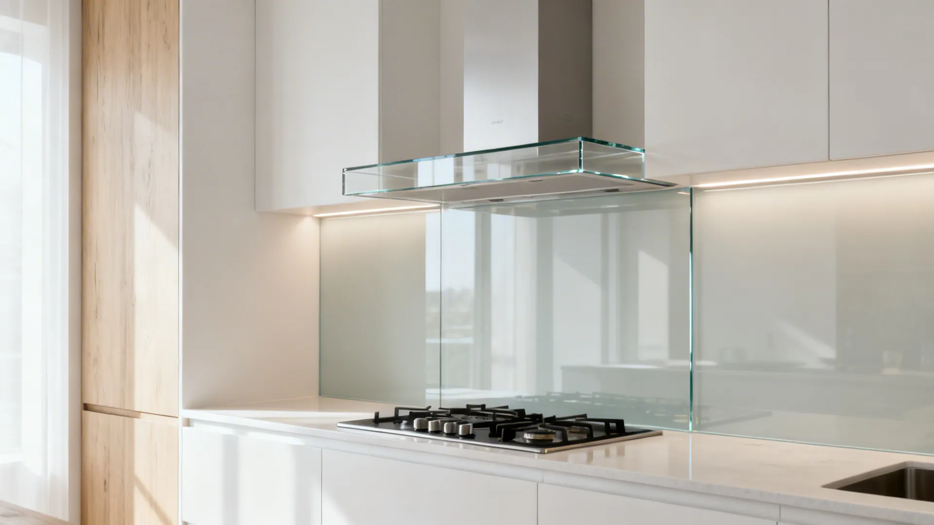 Tempered low-iron glass backsplash behind a slim chimney hood for an airy look.