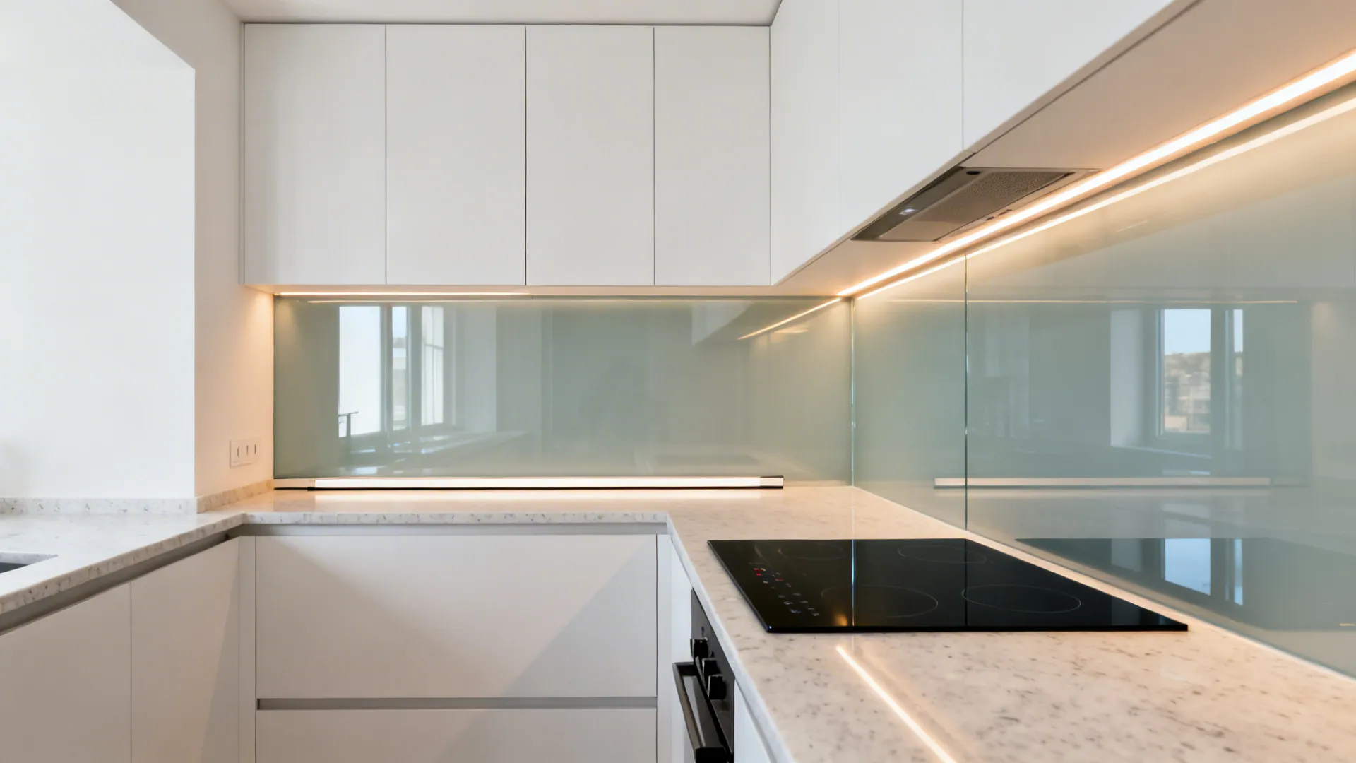 Glass backsplash and reflective finishes