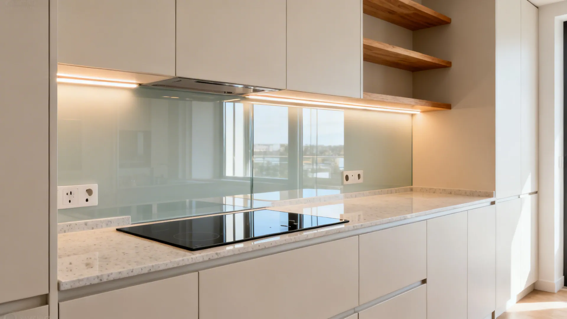 Back-painted glass backsplash reflecting warm task lighting in a compact kitchen.