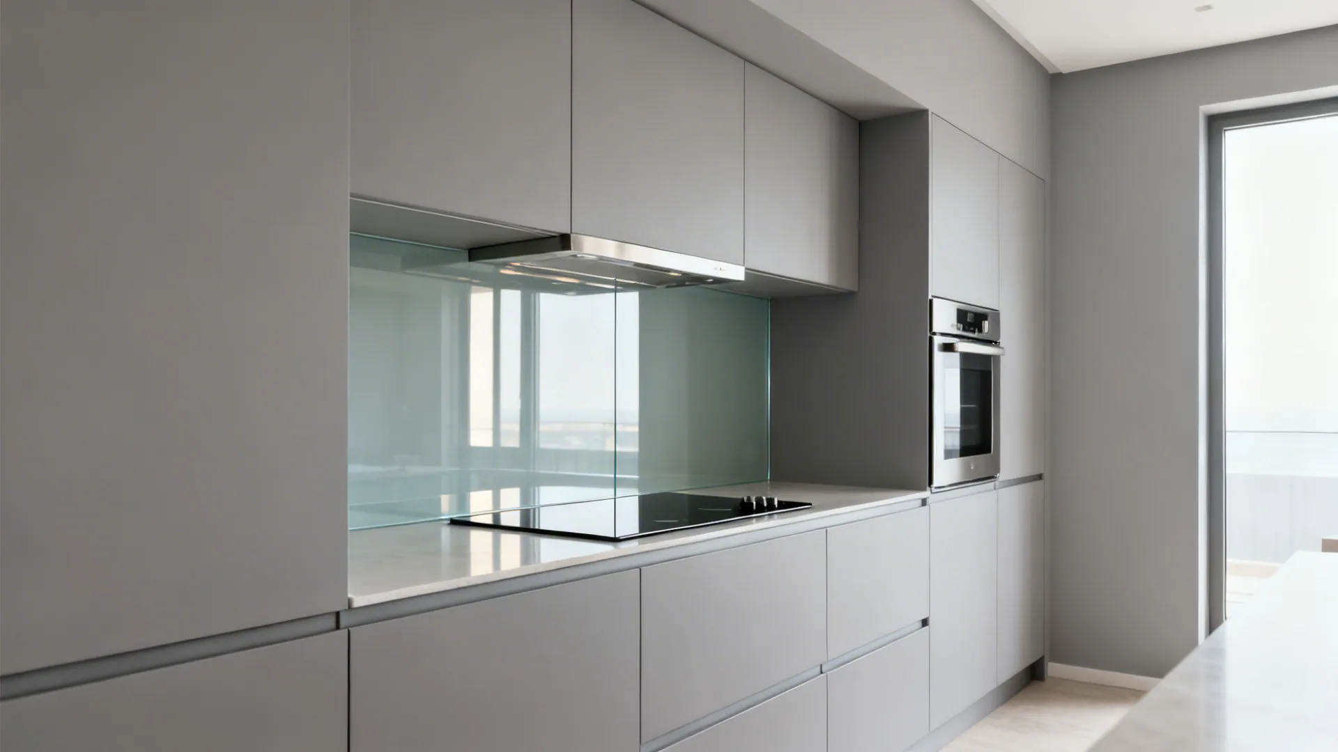 Hotel kitchenette with a seamless low-iron glass backsplash reflecting soft daylight.