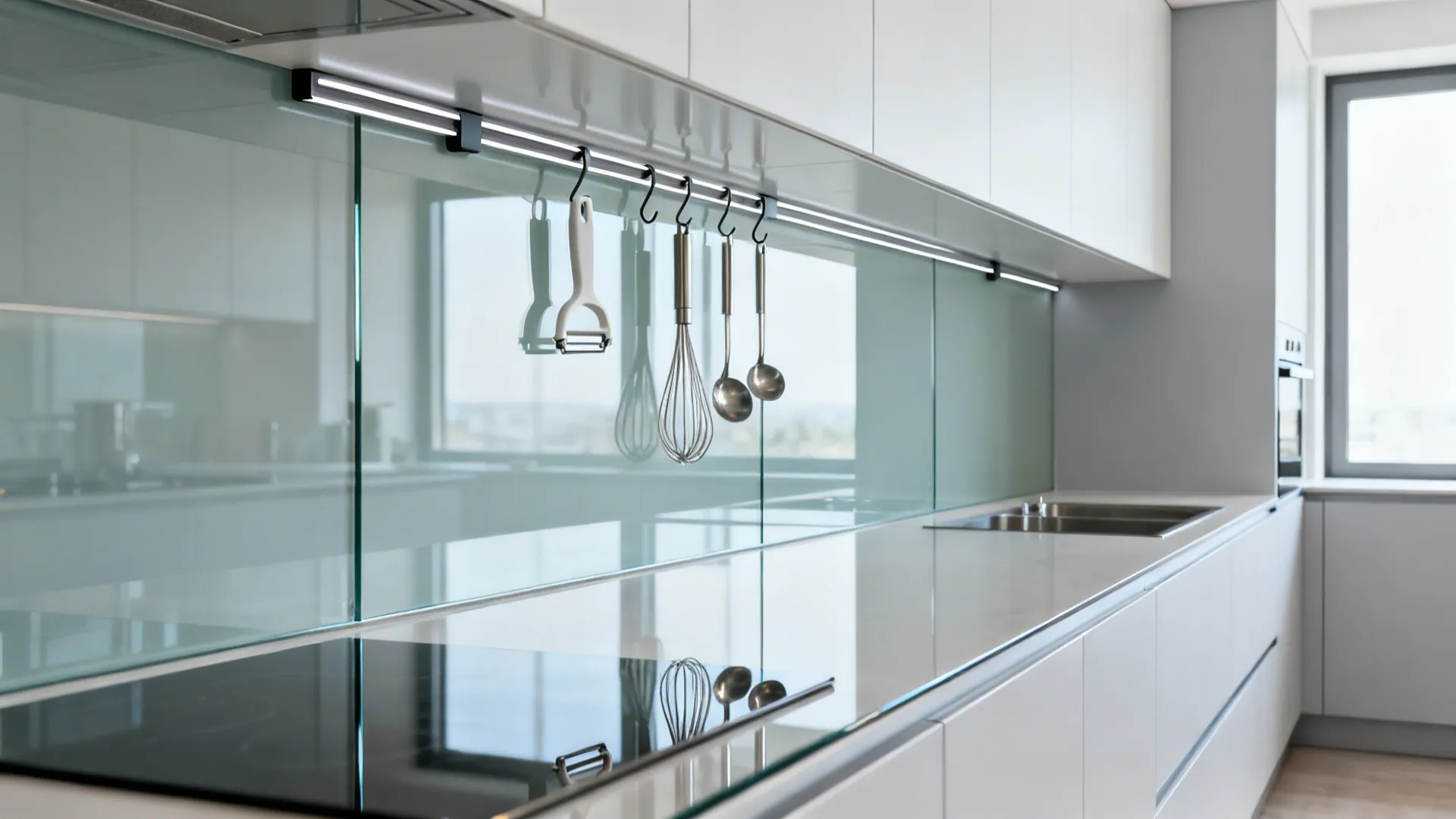 Modern kitchen with a reflective glass backsplash and slim hooks for light tools.