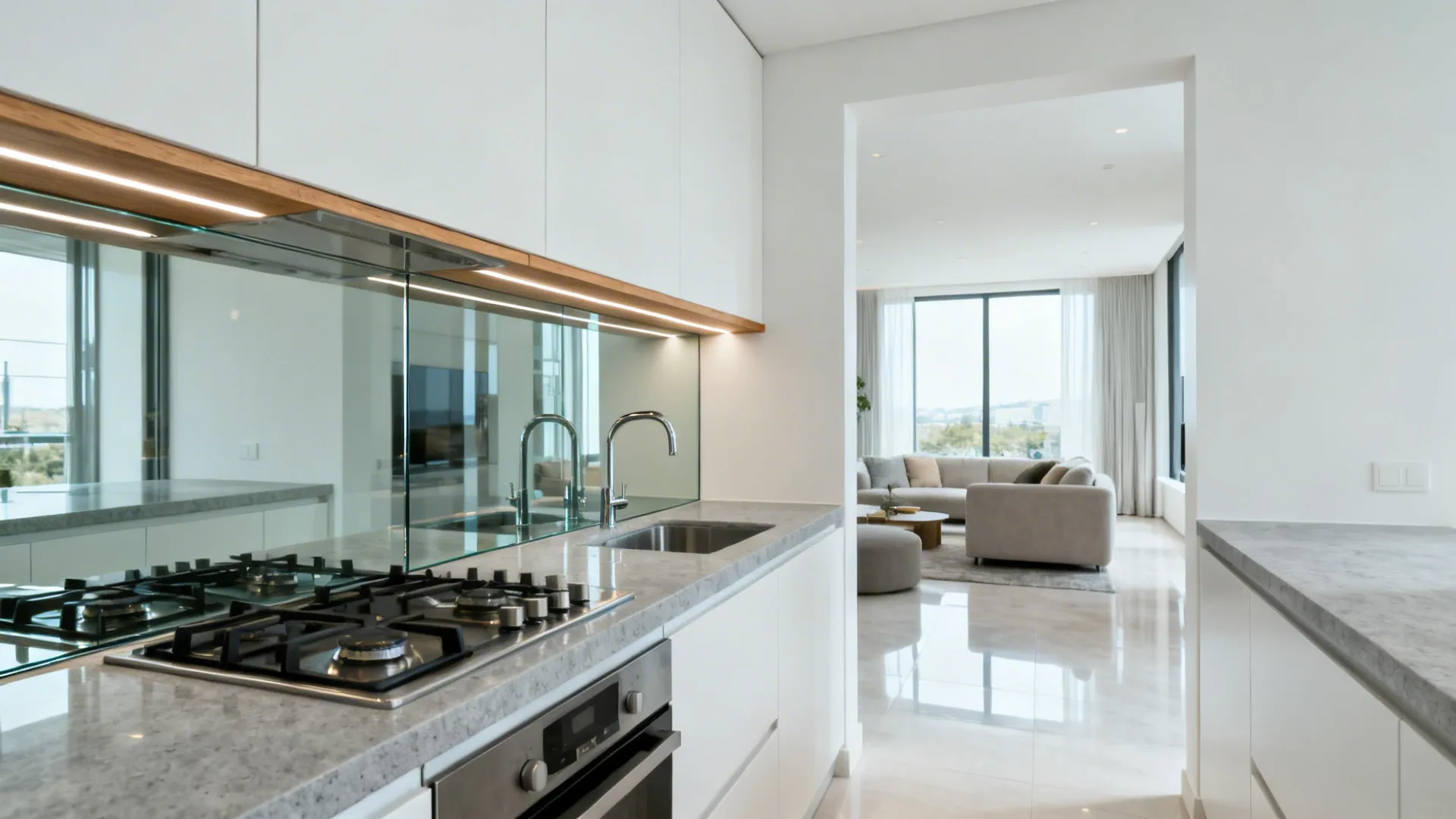 Glass backsplash to extend sightlines