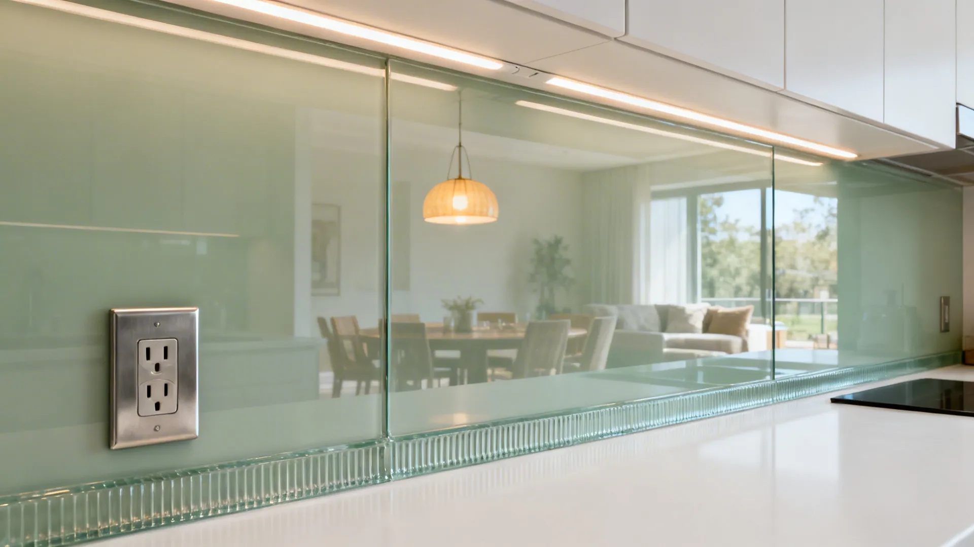 Light green glass backsplash in a kitchen featuring a wall outlet and reflecting a dining room