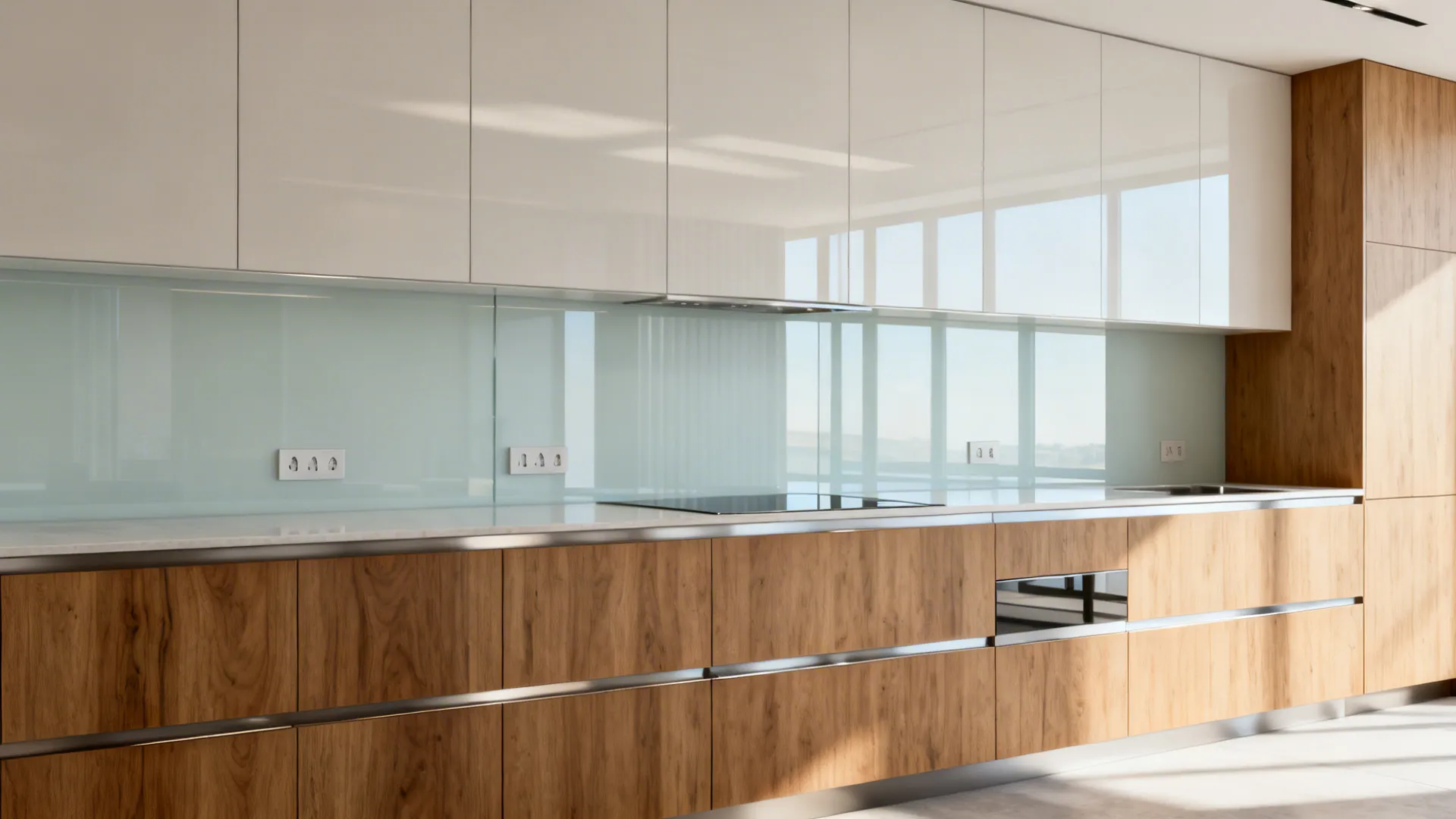 Seamless back-painted glass backsplash reflecting daylight in a compact kitchen.