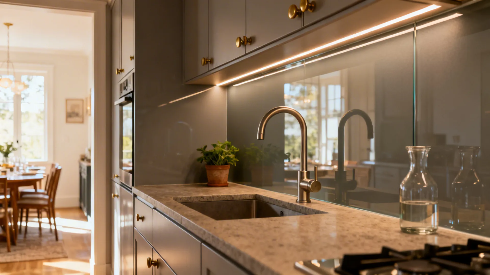 Modern kitchen sink area featuring grey cabinets, stone countertop, faucet, and glowing under cabinet light