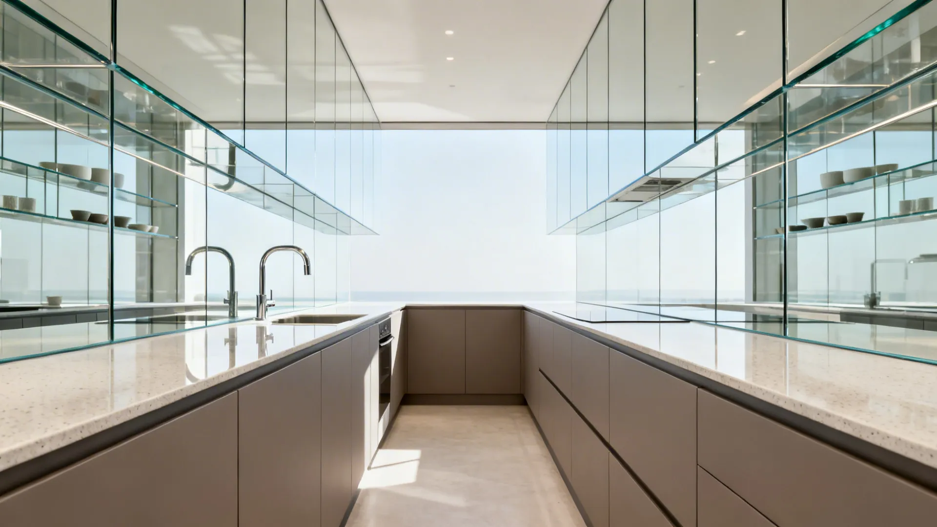 Low-iron tempered glass backsplash in a narrow galley reflects soft daylight for a brighter, deeper look.