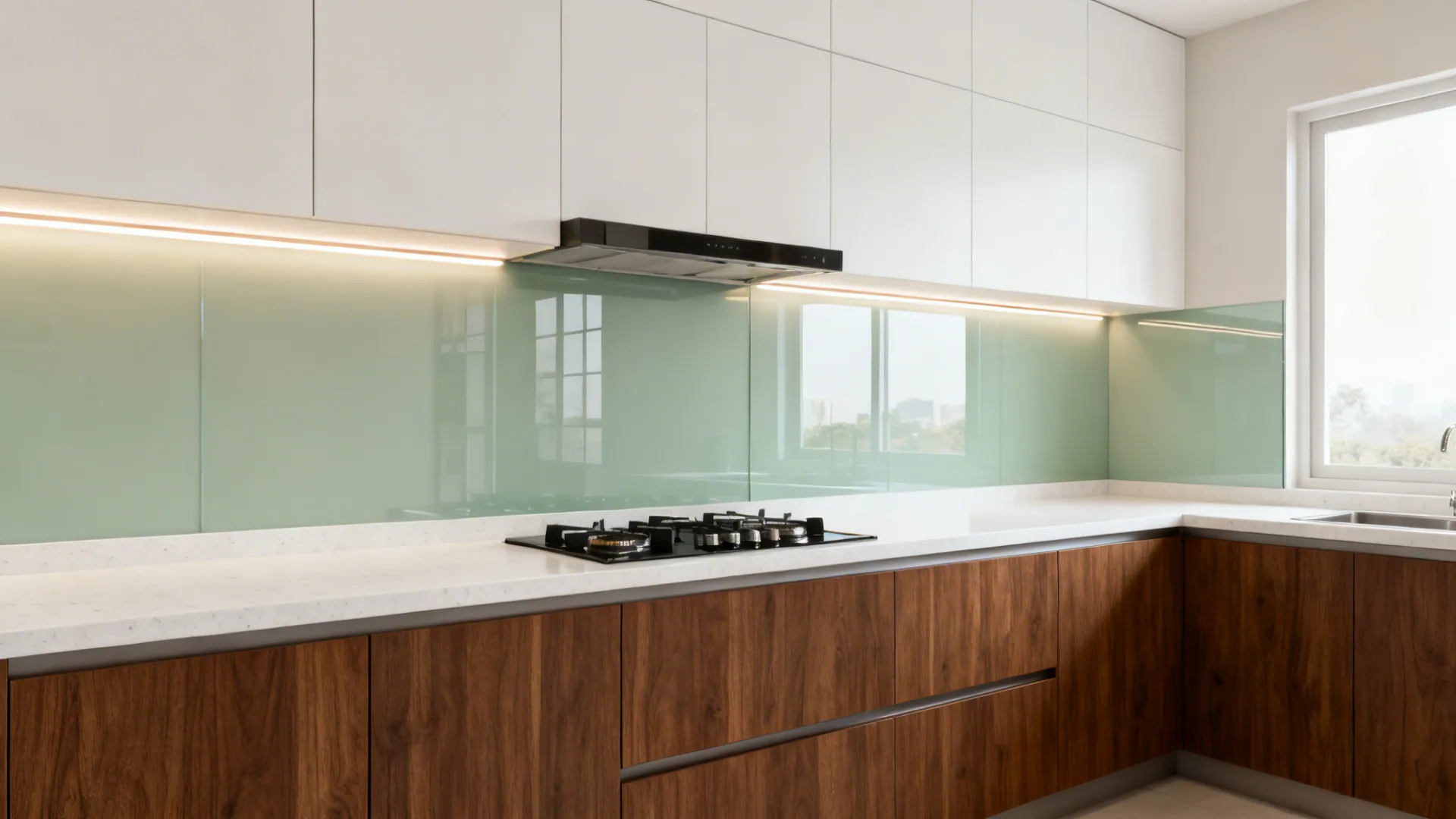 Light sage tempered glass backsplash with LED task lighting over quartz counters and walnut cabinets.