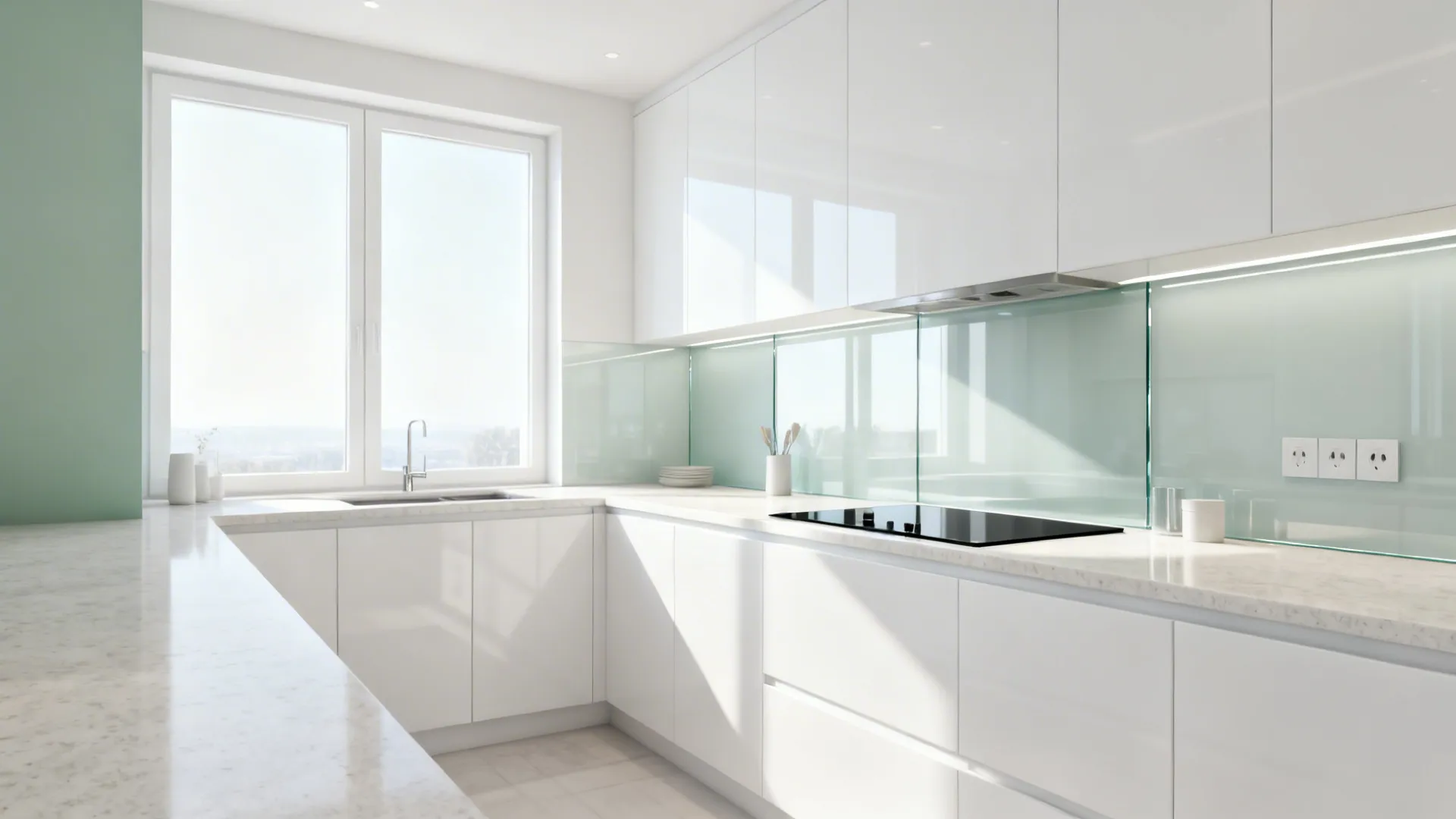 Full-height soft white glass backsplash reflecting daylight above pale quartz counters.