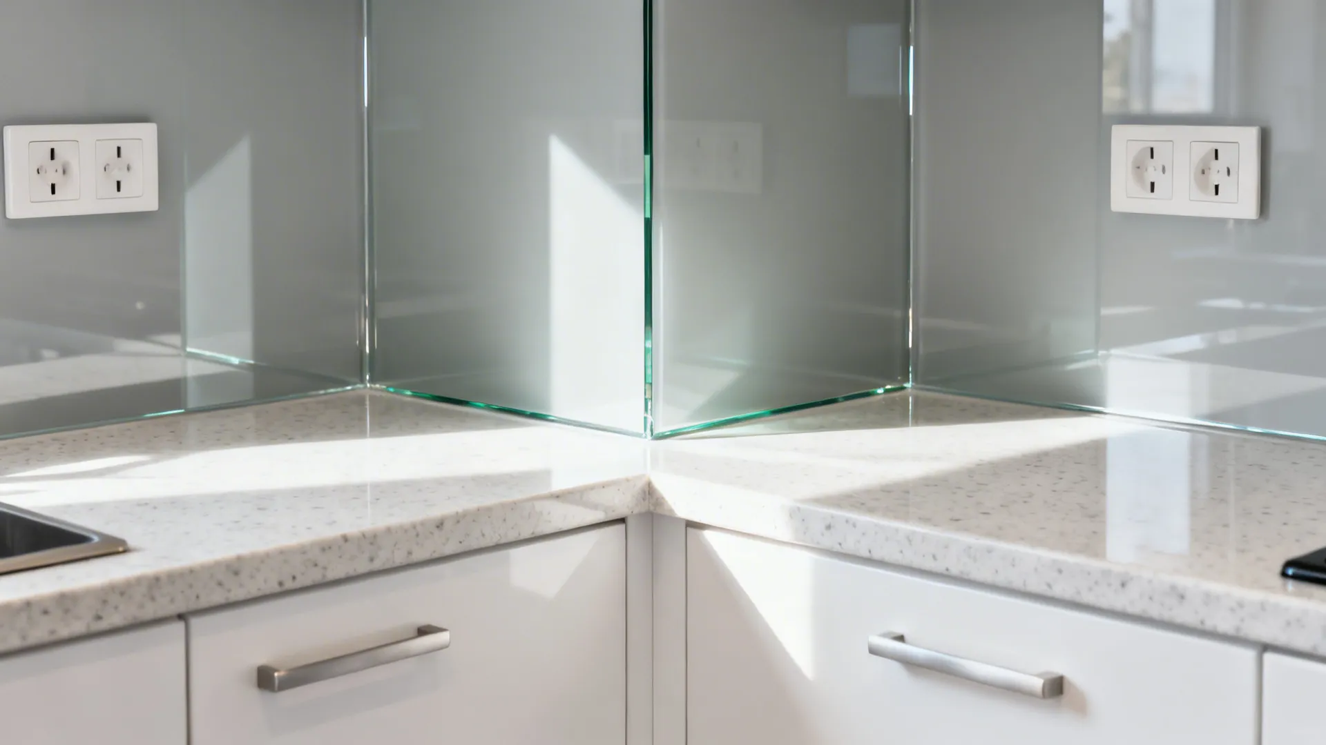 Macro of low-iron back-painted glass backsplash reflecting soft daylight.