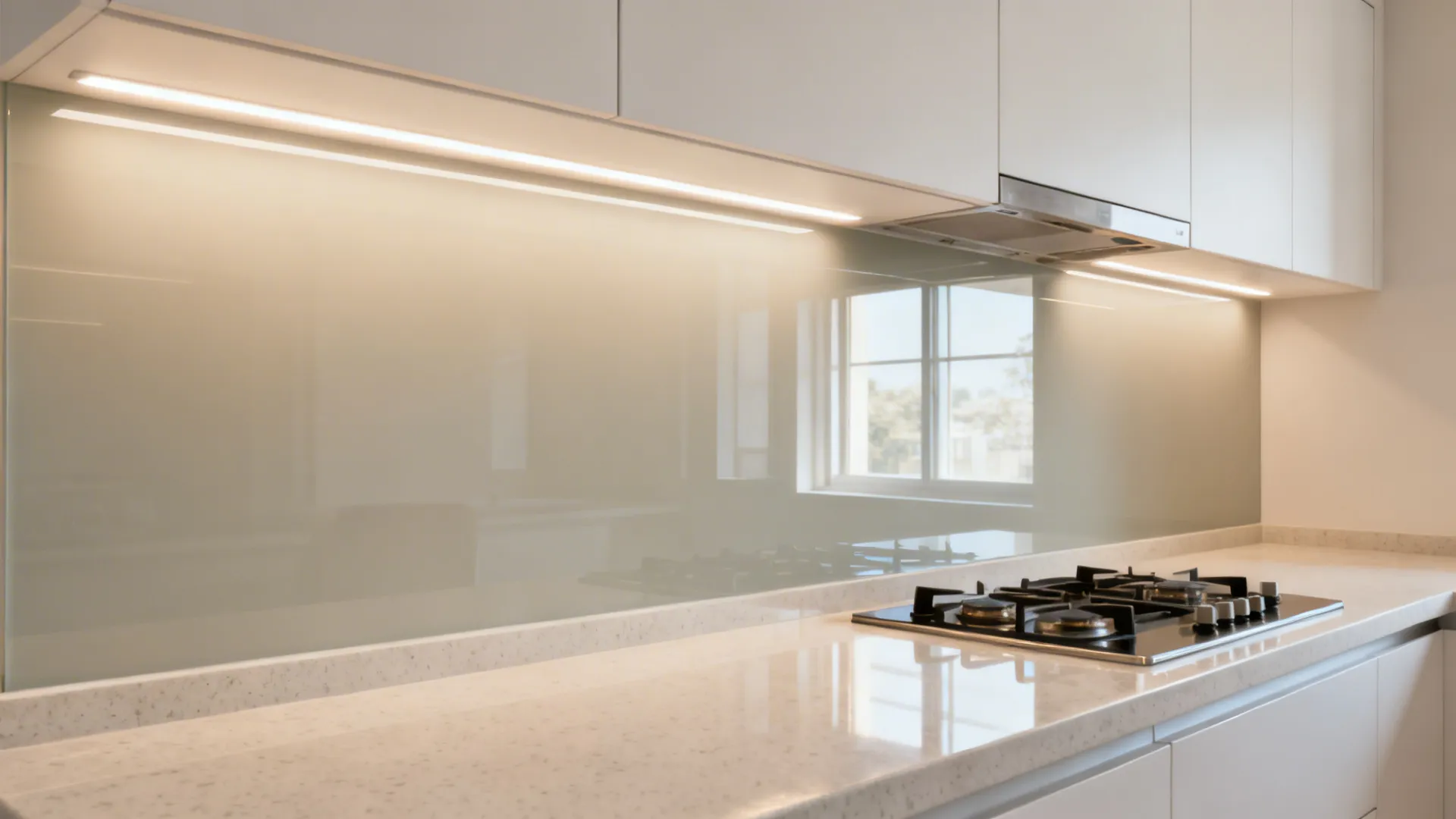 Back-painted glass backsplash reflecting soft under-cabinet LED light in a bright kitchen.