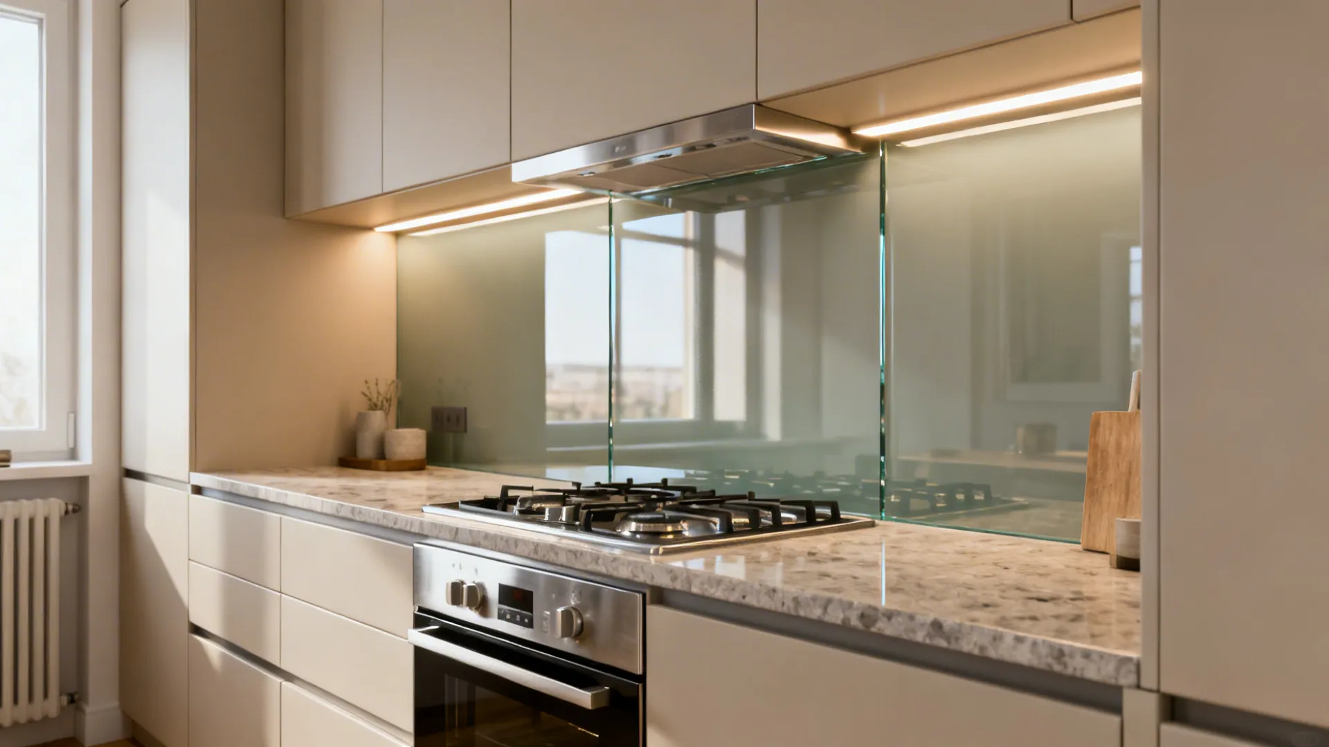 Low-iron glass backsplash reflects light, making a small kitchen feel brighter and deeper.