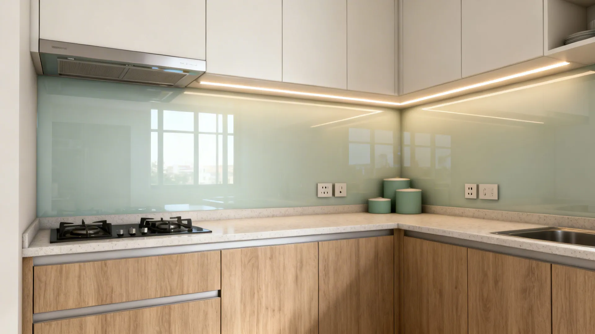 Pale back-painted glass backsplash reflecting light in a compact HDB kitchen.