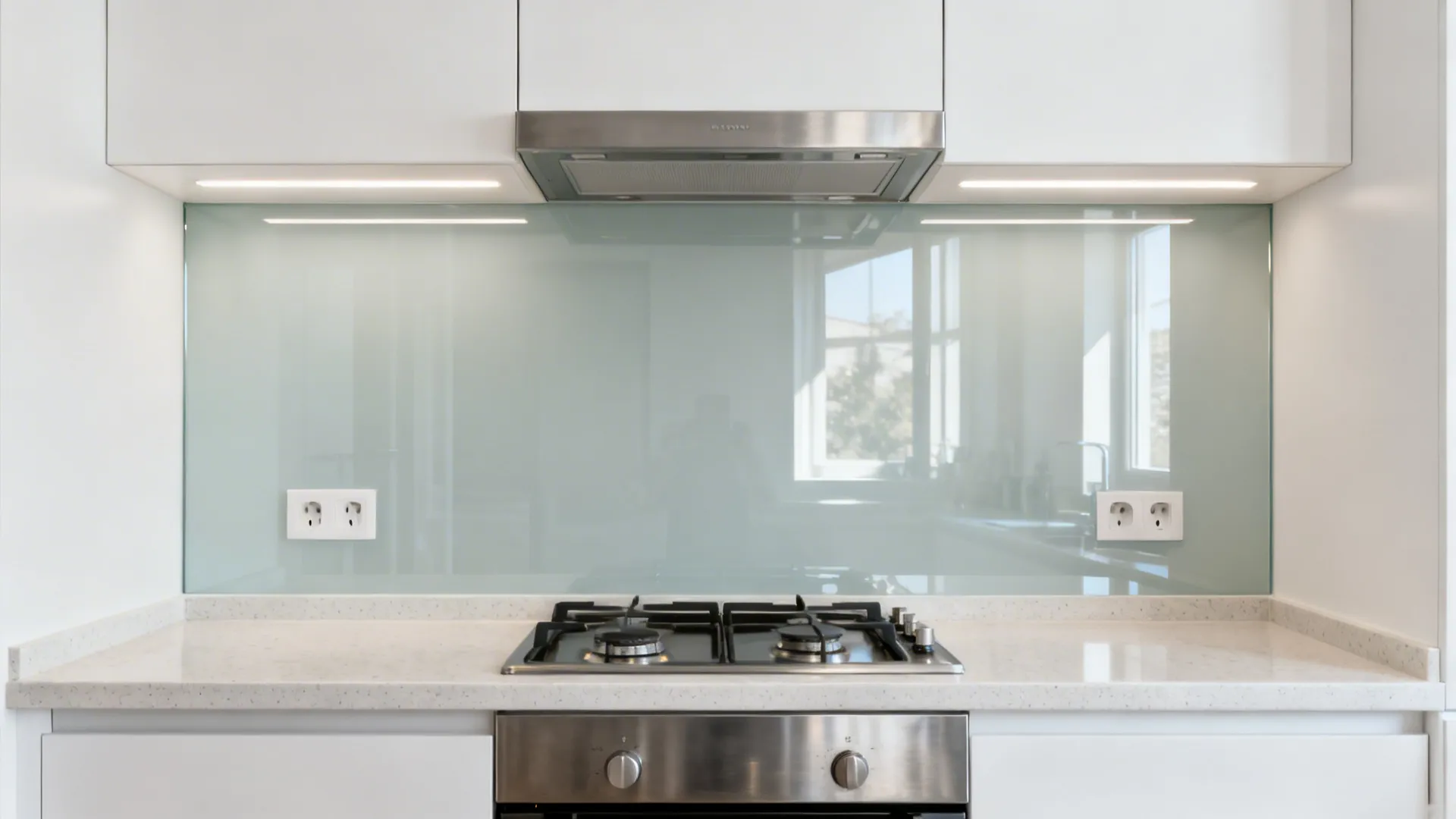 Modern white kitchen with glass wall panel behind gas stove and stainless steel oven under hood