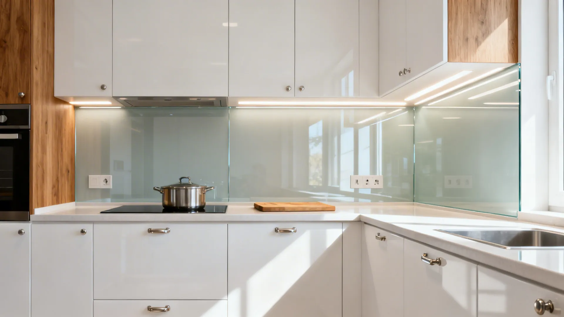 Compact kitchen with a seamless low-iron glass backsplash reflecting soft task lighting.