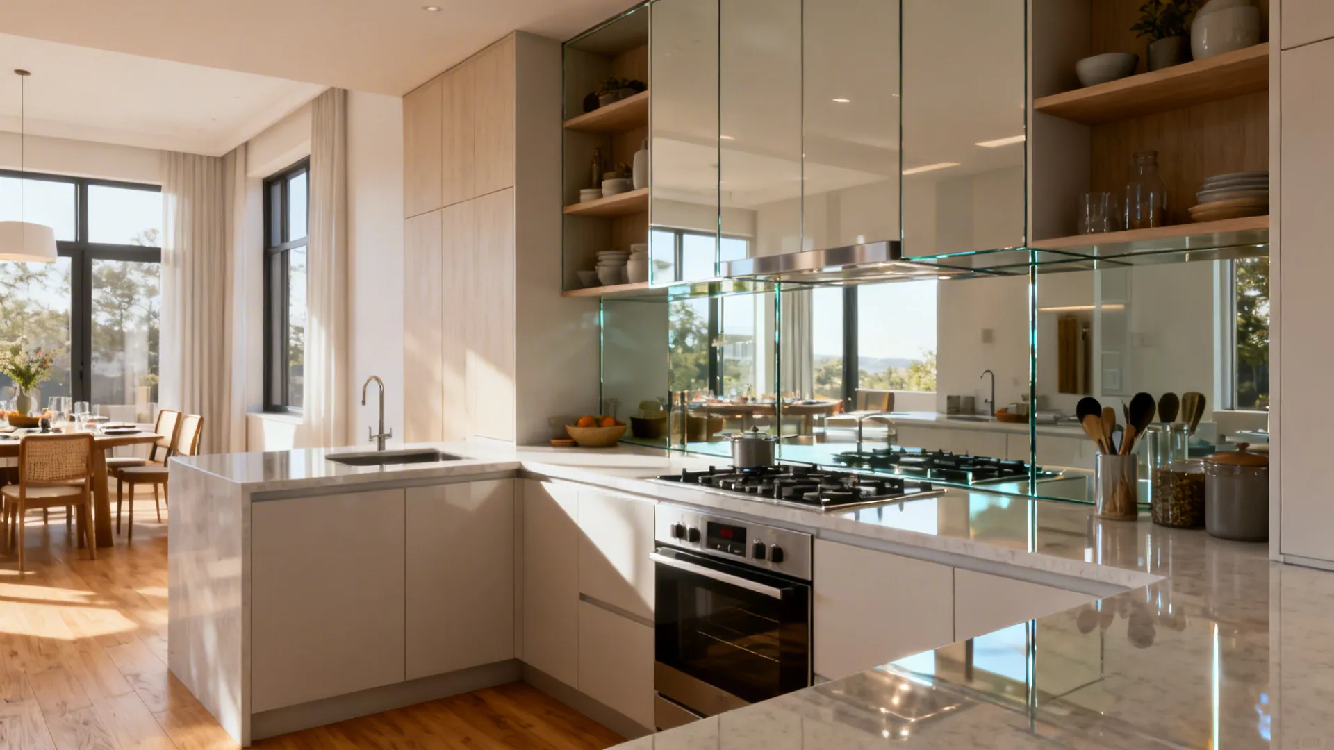 White kitchen with glass backsplash mirror cabinets gas stove wooden floor and dining table view