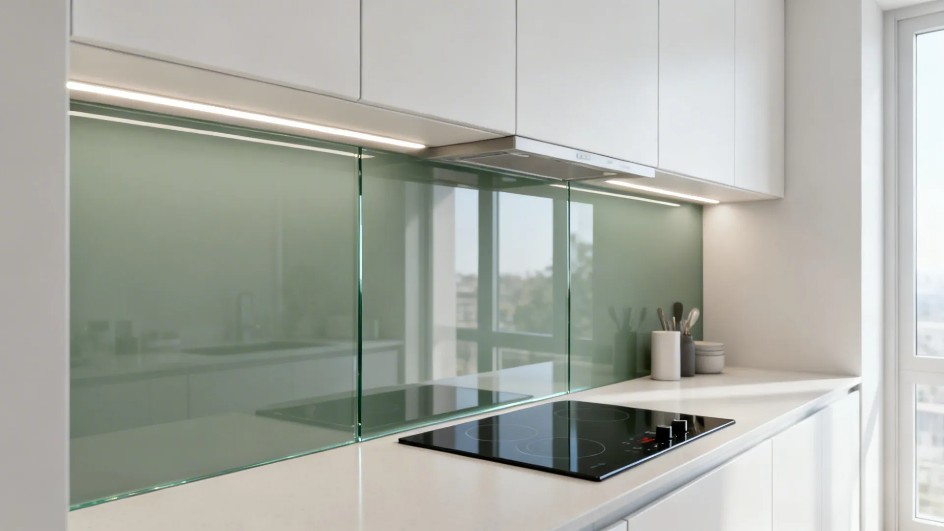 White kitchen with green glass wall, black induction stove, white cabinets, and warm under lighting