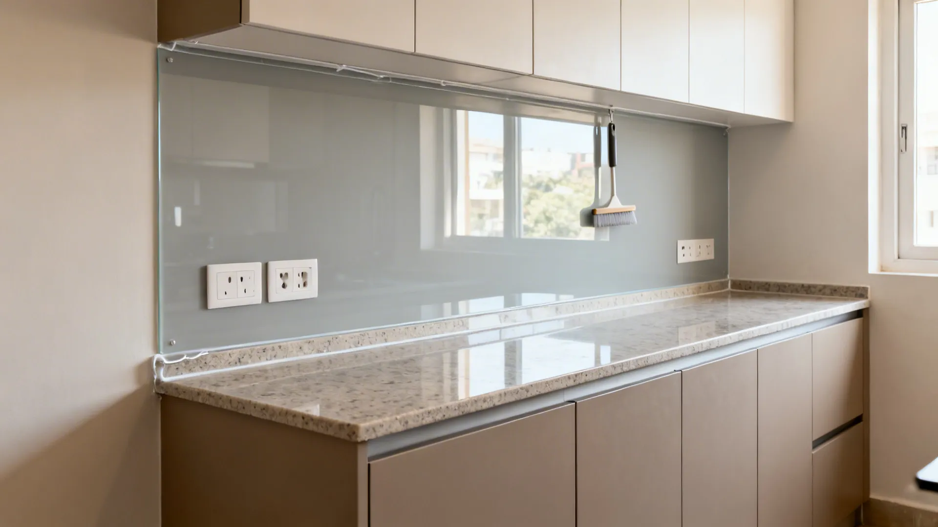 Pale gray tempered glass backsplash reflecting light above a neutral quartz countertop.