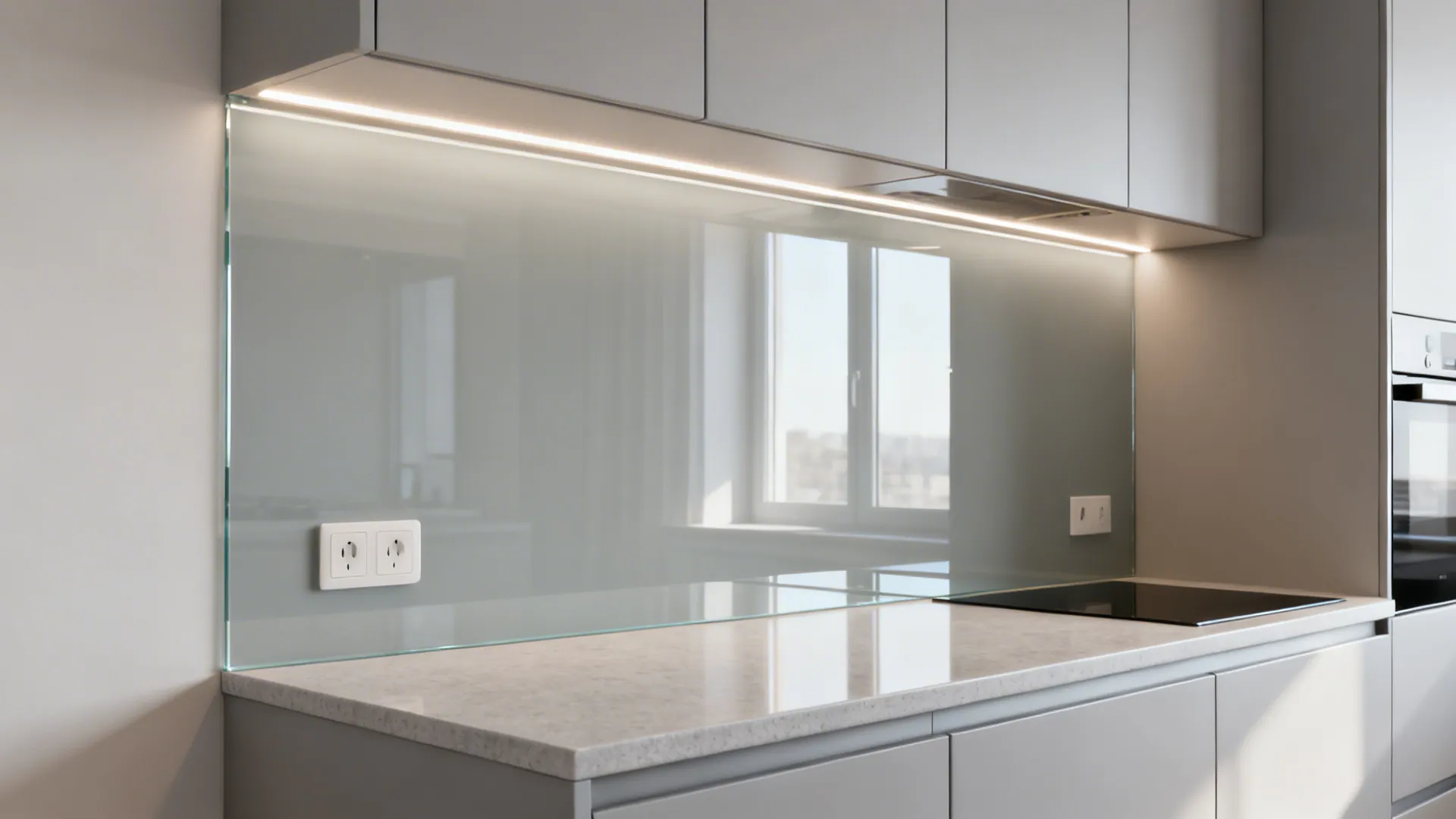 Back-painted pale gray glass backsplash reflecting light under LED task lighting.