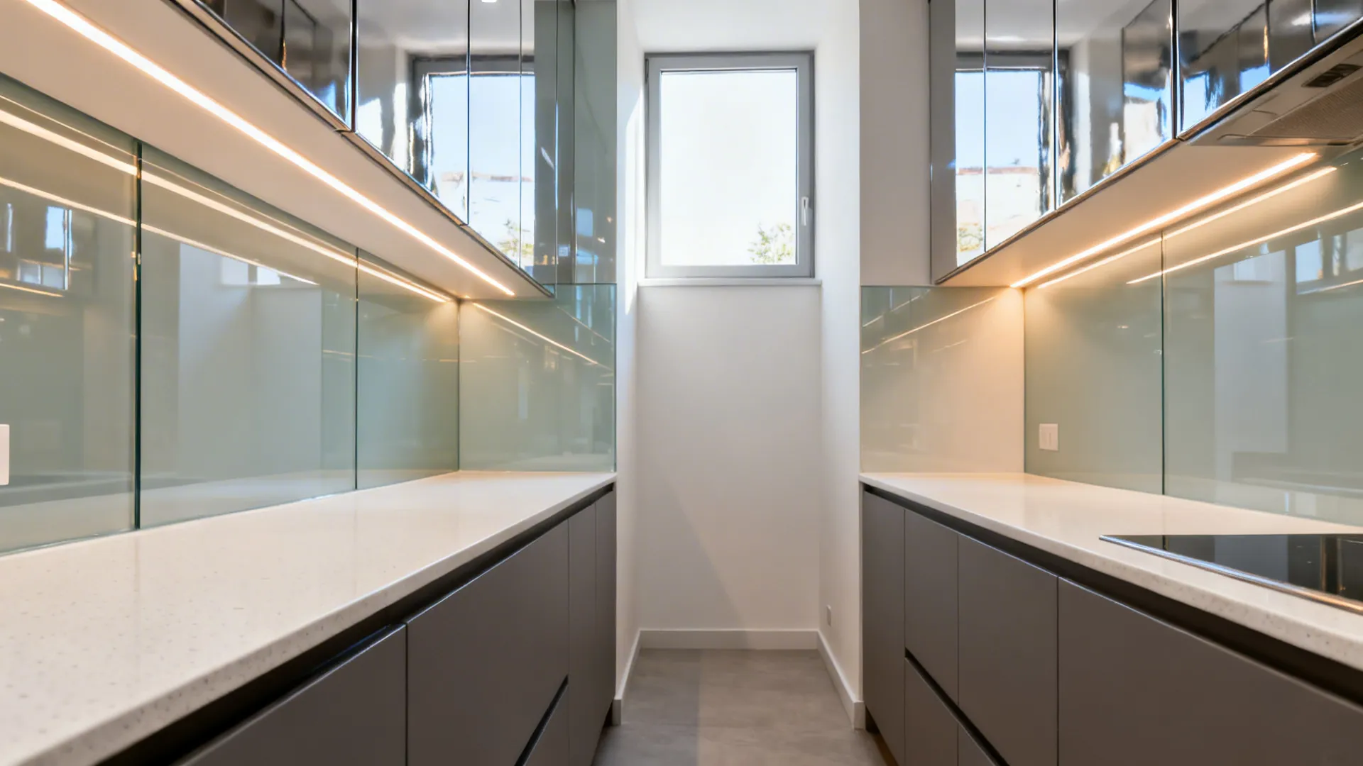 Glossy upper cabinets and a low-iron glass backsplash brightening a compact kitchen.