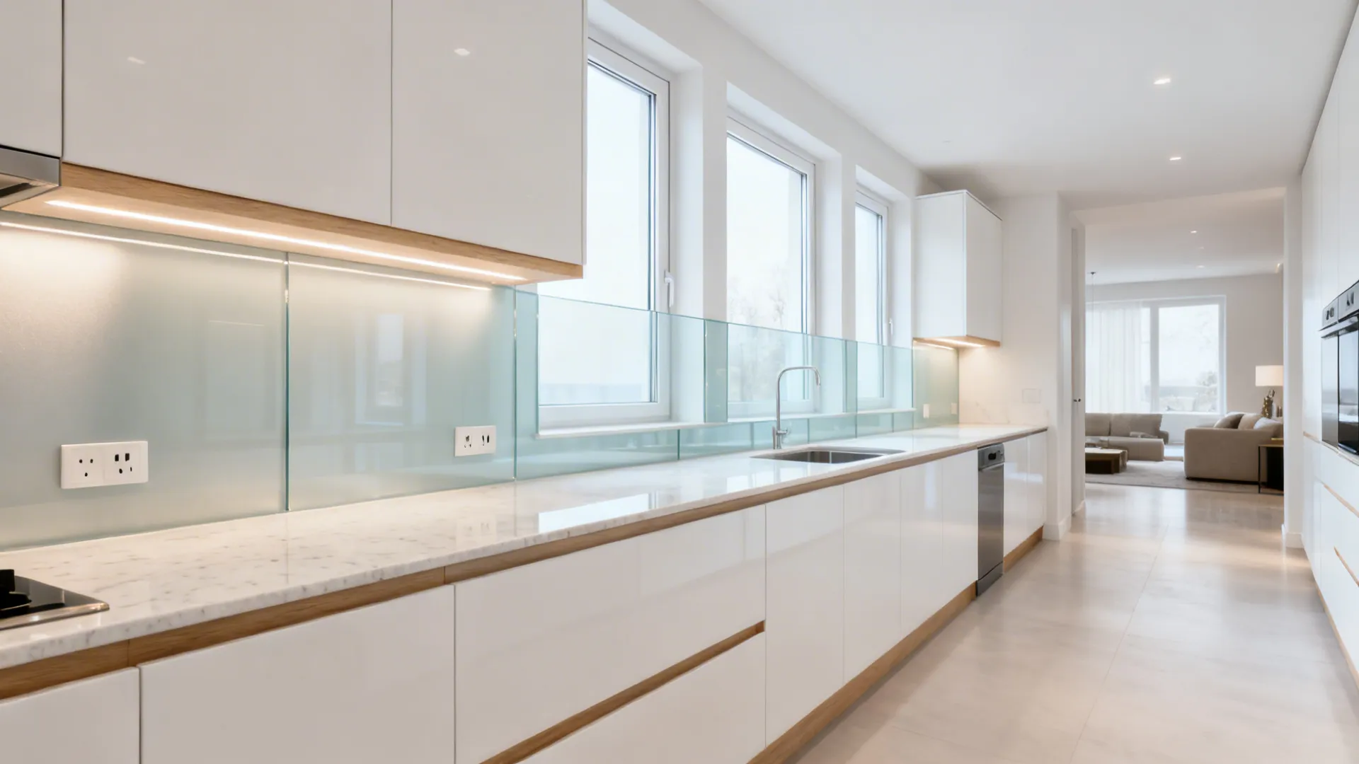 L-shaped kitchen with satin low-iron glass backsplash reflecting soft daylight.