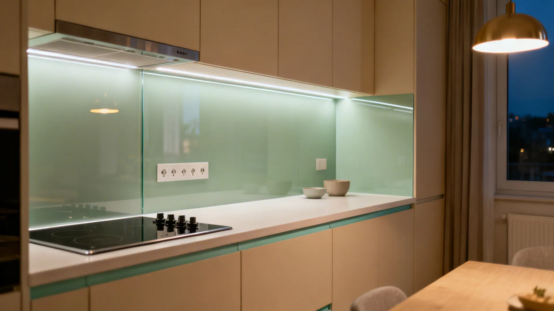 Compact studio kitchen with soft sage tempered glass backsplash reflecting layered light.