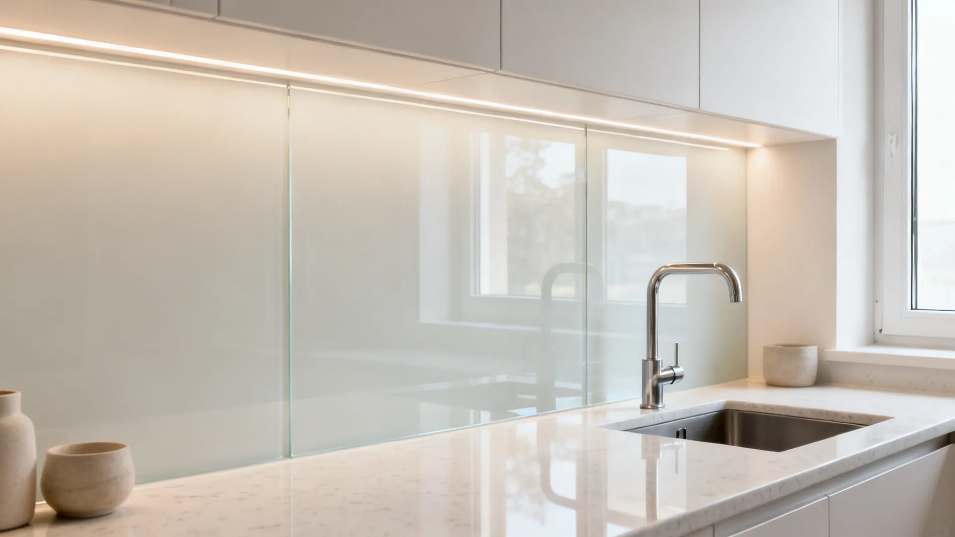 Small kitchen with a satin back-painted glass backsplash reflecting soft daylight for added depth.