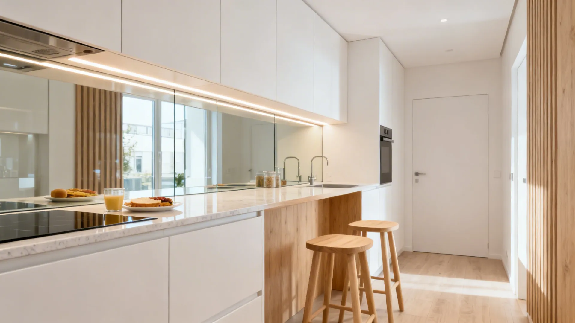 Modern white kitchen featuring glass wall panels and wooden breakfast bar with two round wooden stools