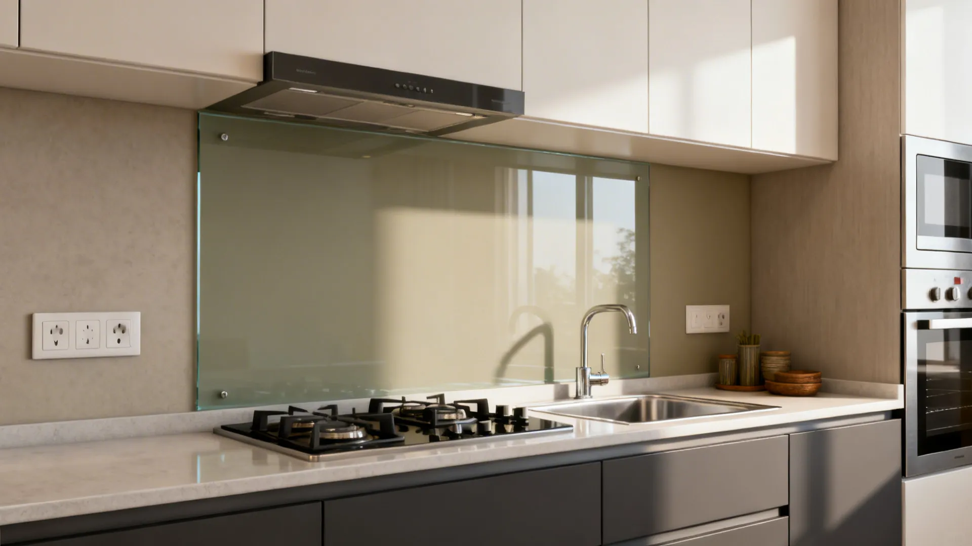 Kitchen counter featuring a glass wall protector behind a gas stove next to a sink