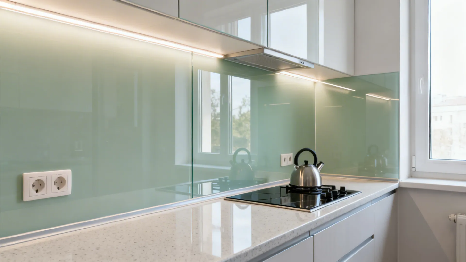Tempered low-iron glass backsplash reflecting light in a narrow Pakistani kitchen.