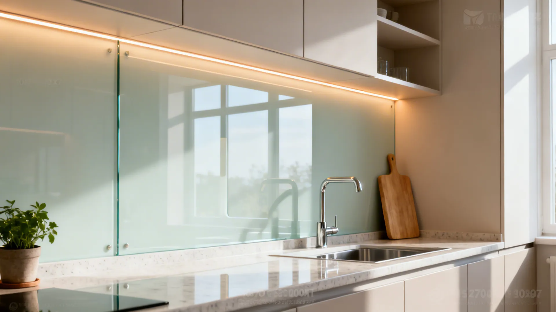 Pale glass backsplash with warm LED strips adds light and depth to a 10x7 kitchen.