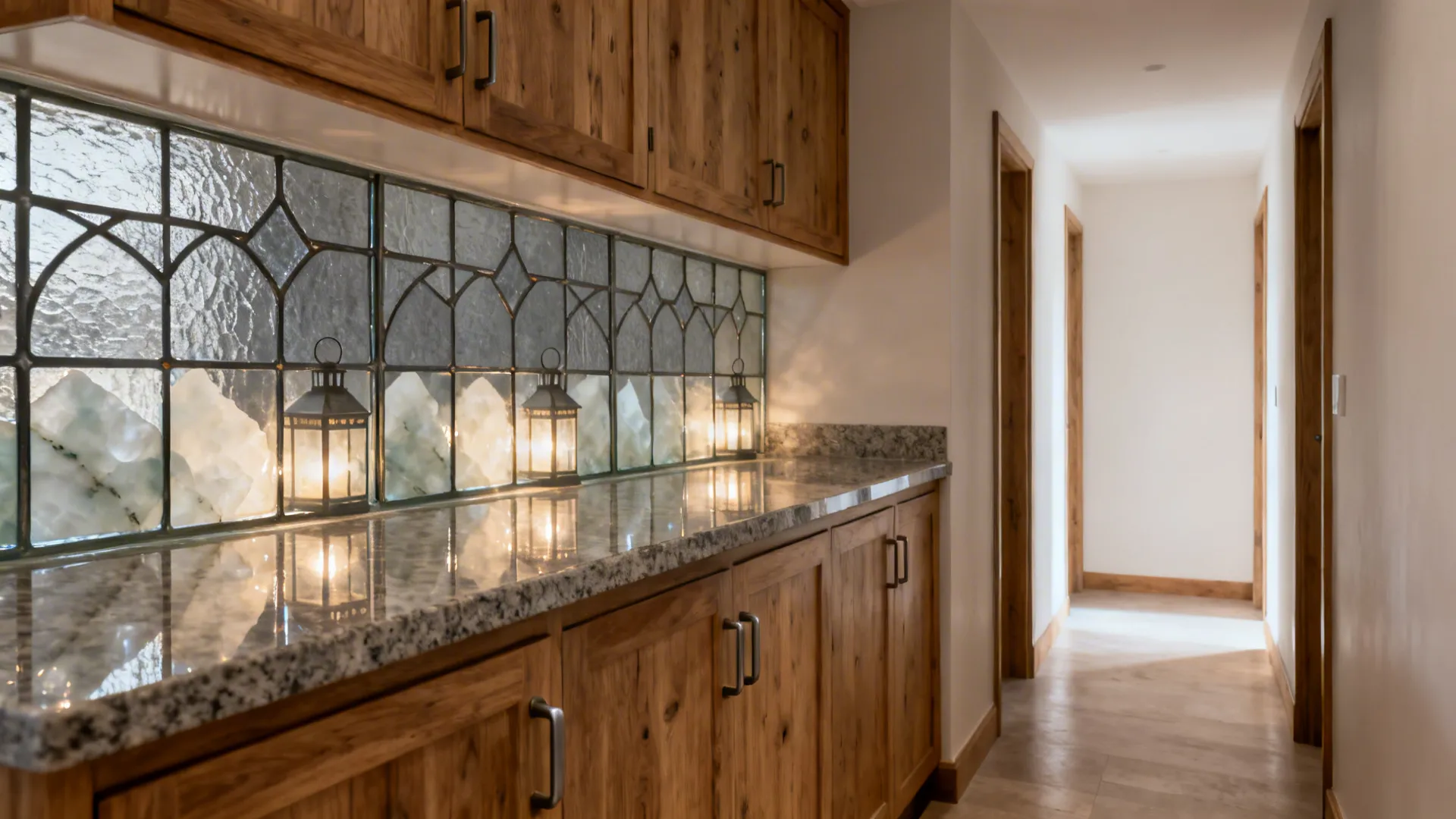 Gray stained glass backsplash with soft backlighting over a polished andesite counter.