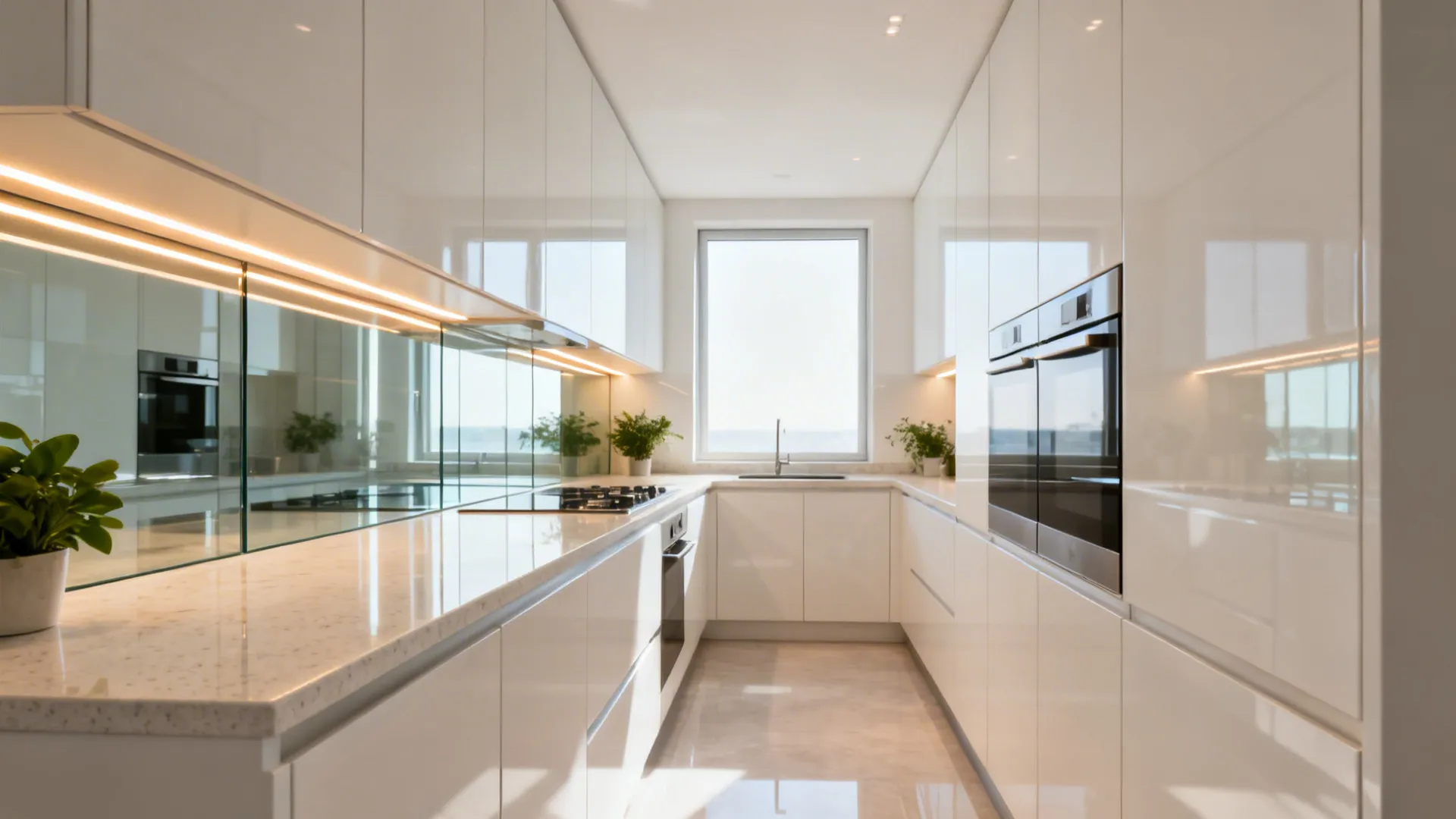 Small kitchen with a low-iron glass backsplash reflecting warm LED light.