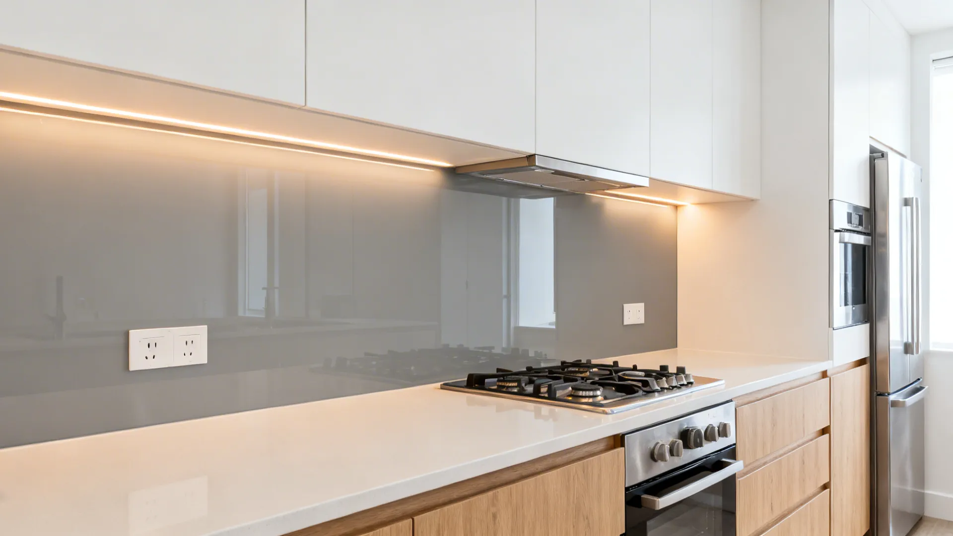 Back-painted glass backsplash glows with under-cabinet LEDs in a compact 7x12 kitchen.