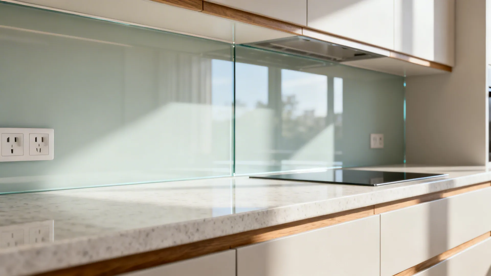 Low-iron glass backsplash reflecting light and pale counters for depth in a small open kitchen.