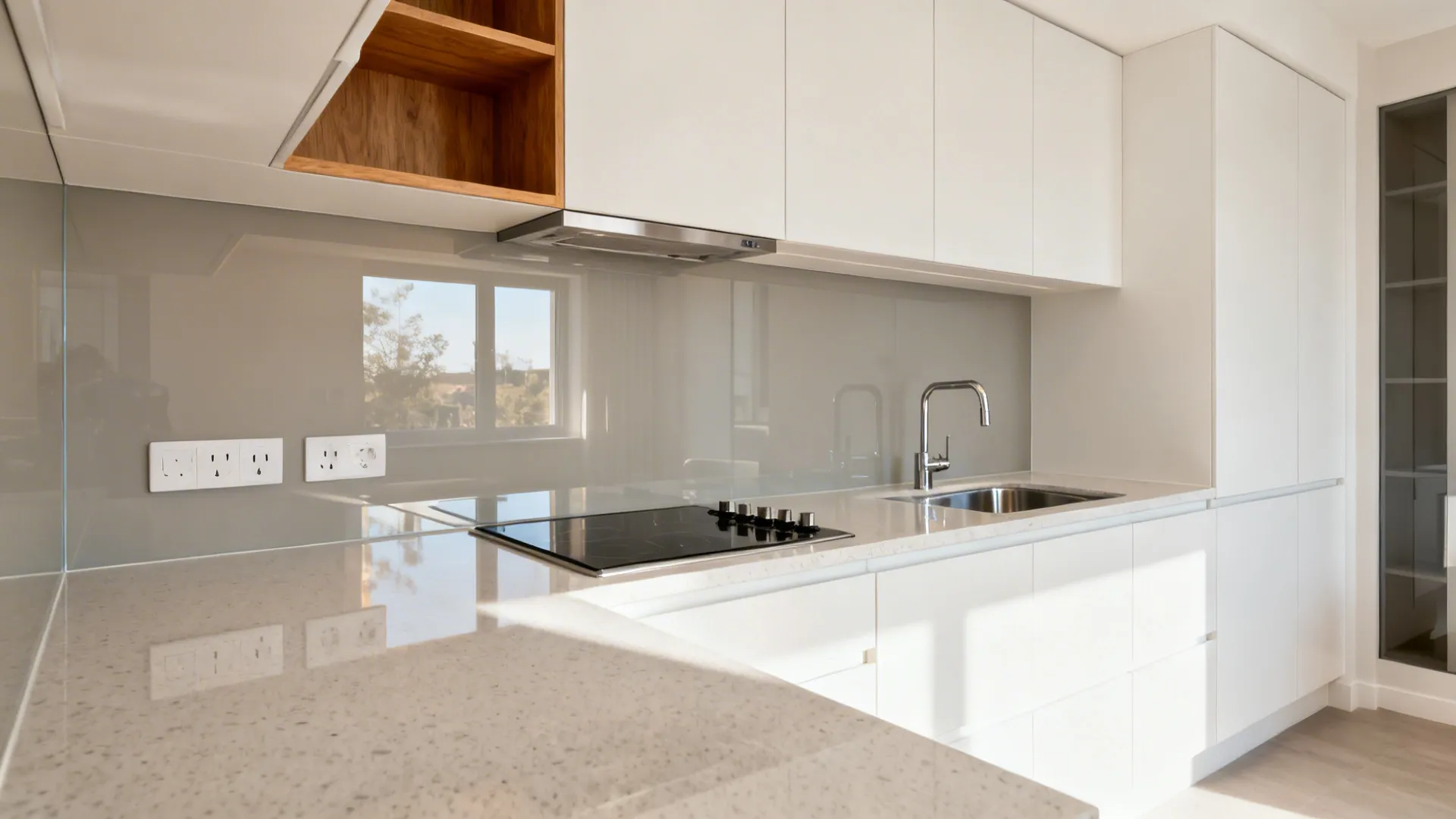 Low-iron glass backsplash in warm gray reflects daylight to brighten a small BTO kitchen.