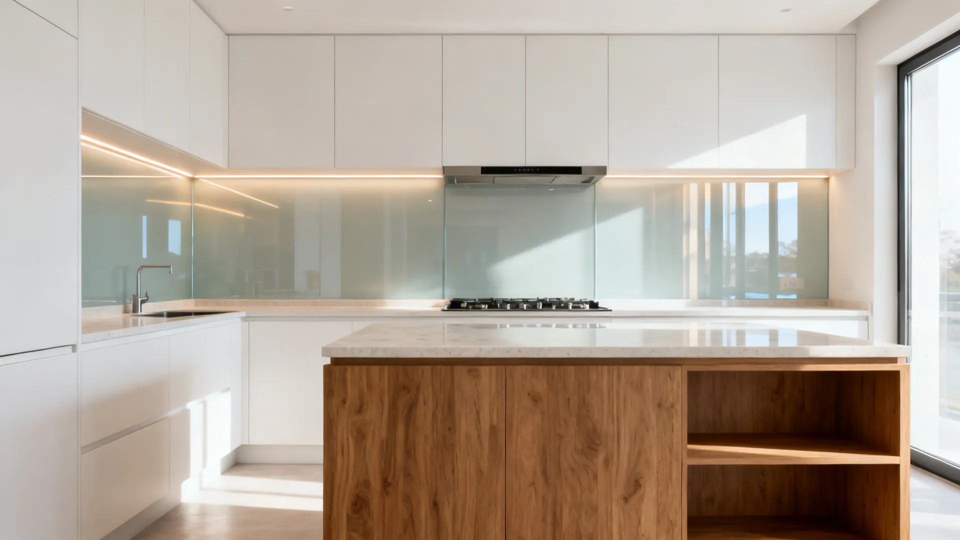 One-wall kitchen with a glossy low-iron back-painted glass backsplash reflecting daylight.