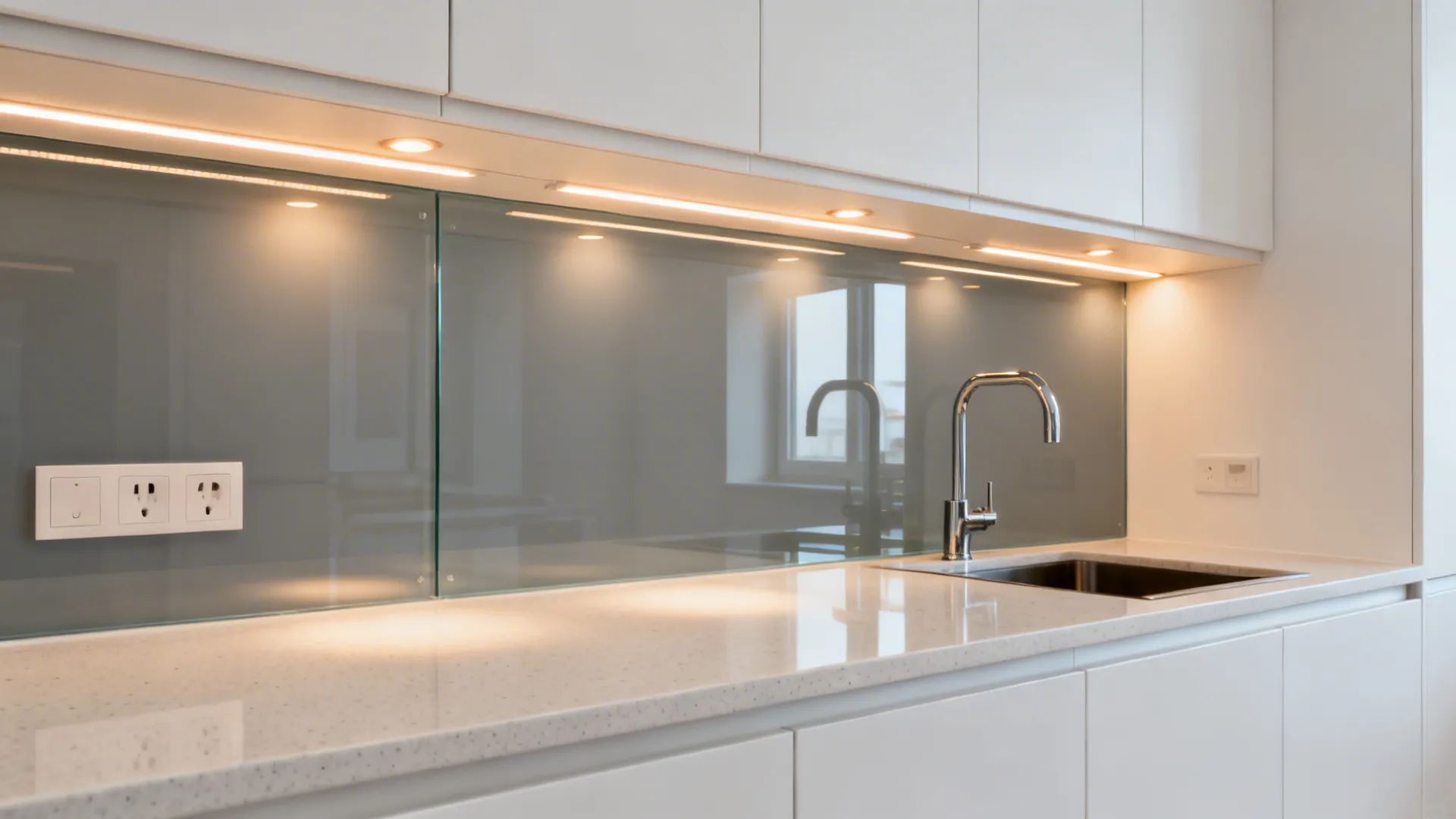 Soft gray low-iron glass backsplash reflecting warm ceiling light over a pale quartz countertop.